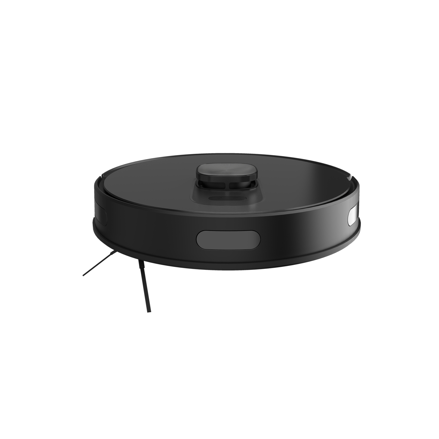 Schwarzer Roboter-Staubsauger mit kreisförmigem Design und kleinen Bürsten.