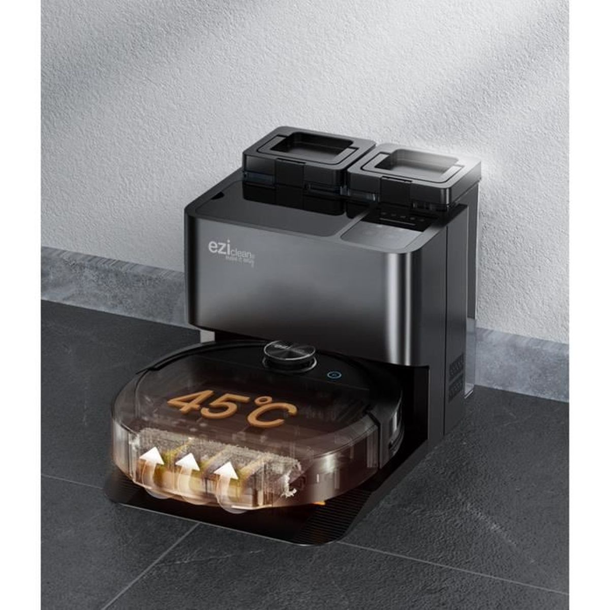 Czarna i ciemnoszara stacja bazowa odkurzacza z robotem sprzątającym na dole, pokazującym temperaturę.