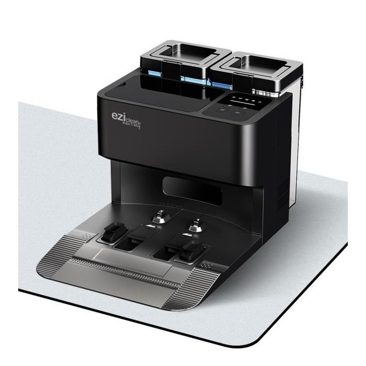 Czarny i srebrny robot odkurzacz z dwoma stacjami czyszczącymi, na białej powierzchni.