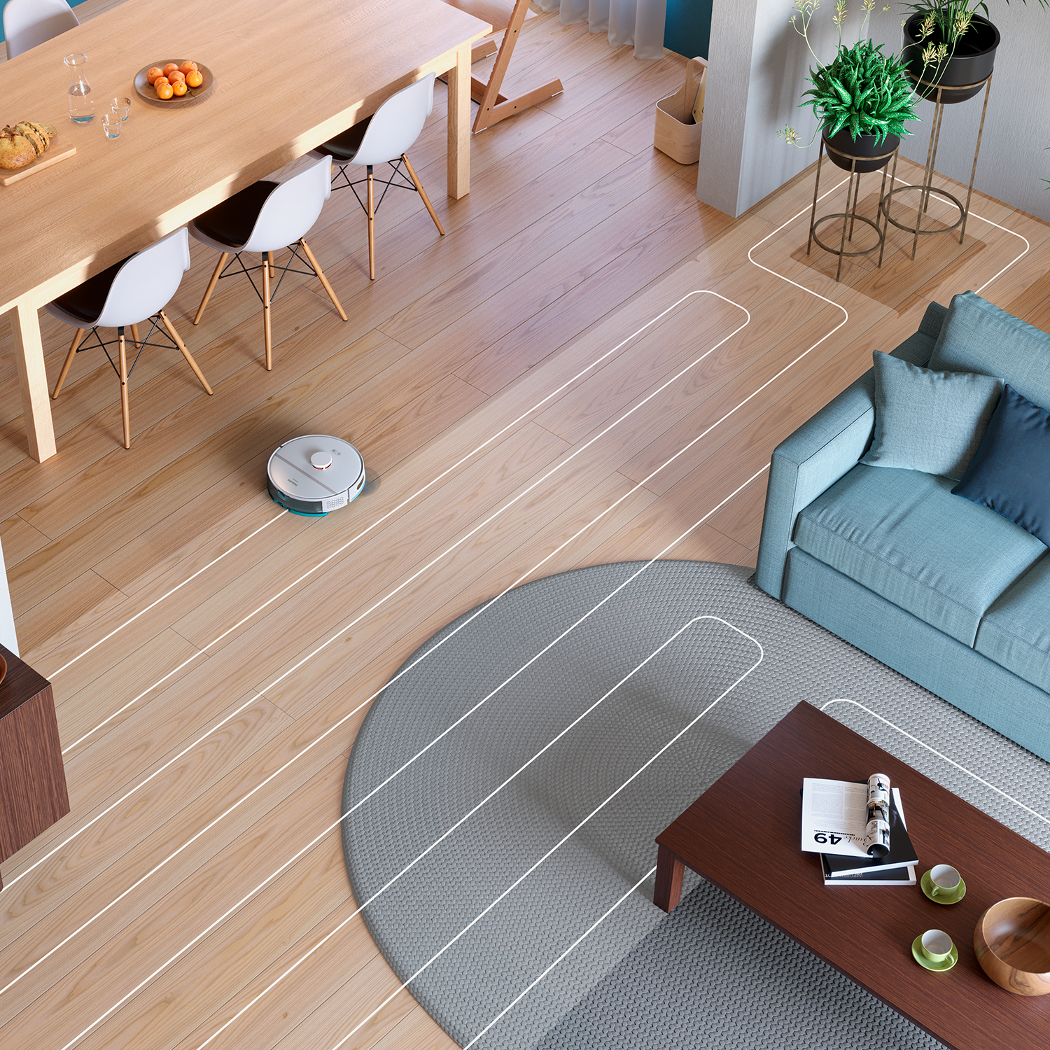 Robot odkurzający drewnianą podłogę. Meble i dywany w pokoju. Ścieżka czyszczenia jest podświetlona.