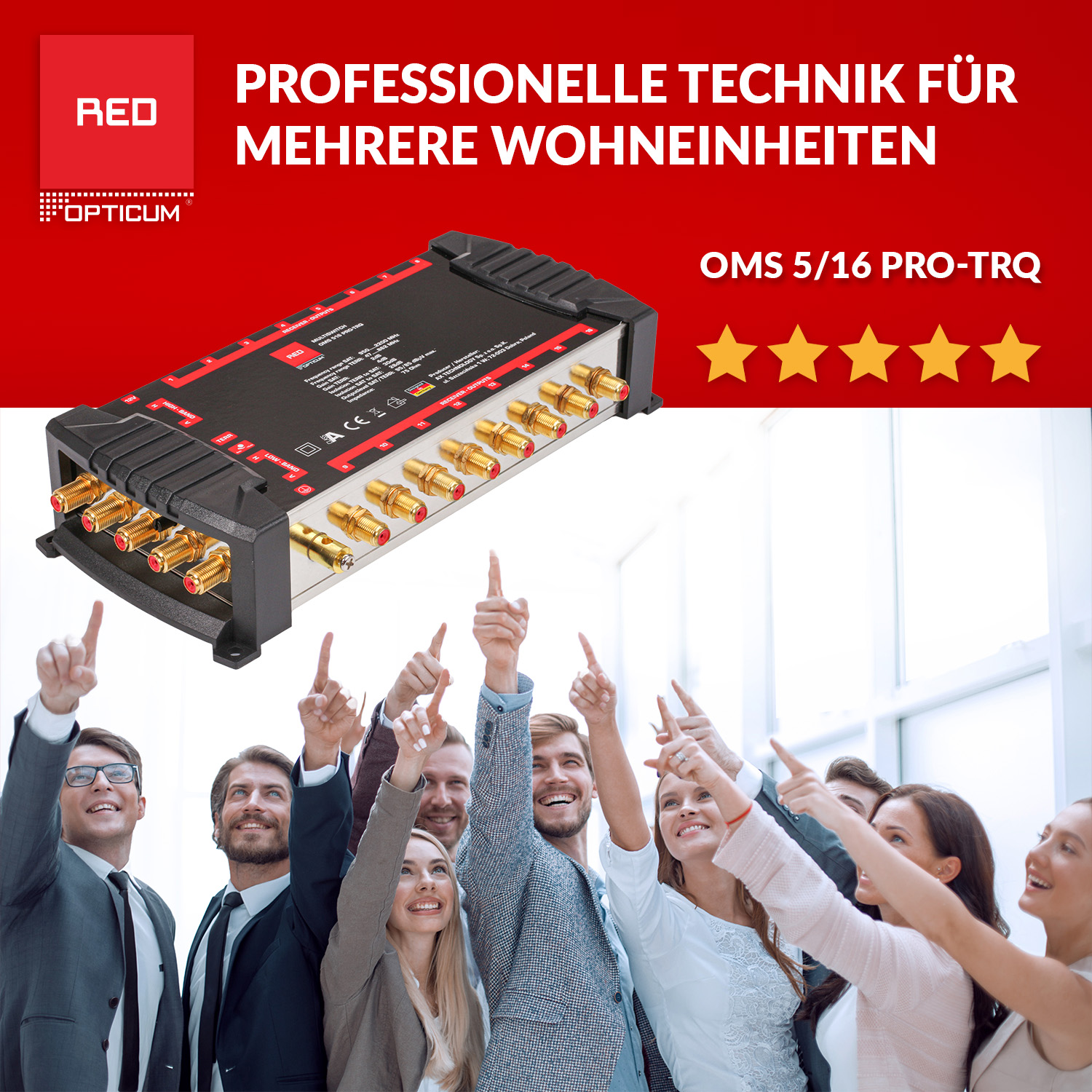 Ein rotes und schwarzes elektronisches Gerät mit vielen goldenen Anschlüssen und einer Reihe von Leuten, die nach rechts zeigen.