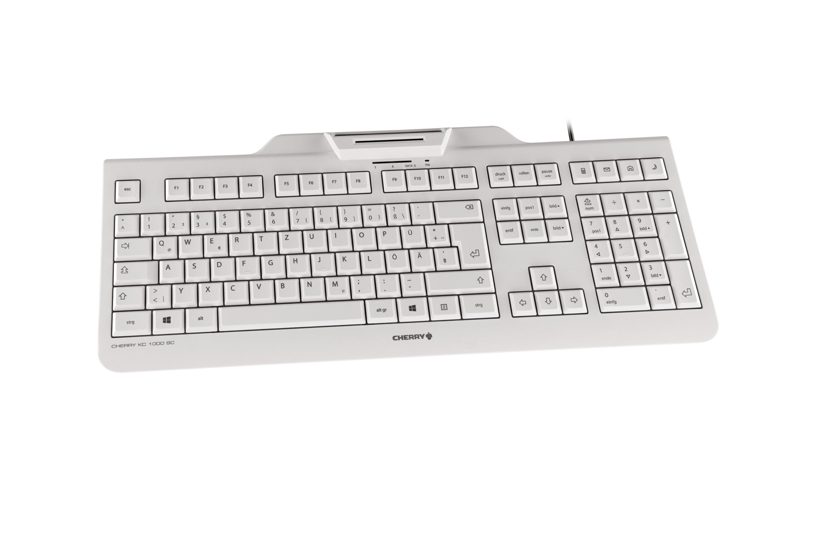 Eine weiße Cherry-Tastatur mit schwarzen Tasten, auf weißer Oberfläche. CHERRY K2 1000 SC steht drauf.