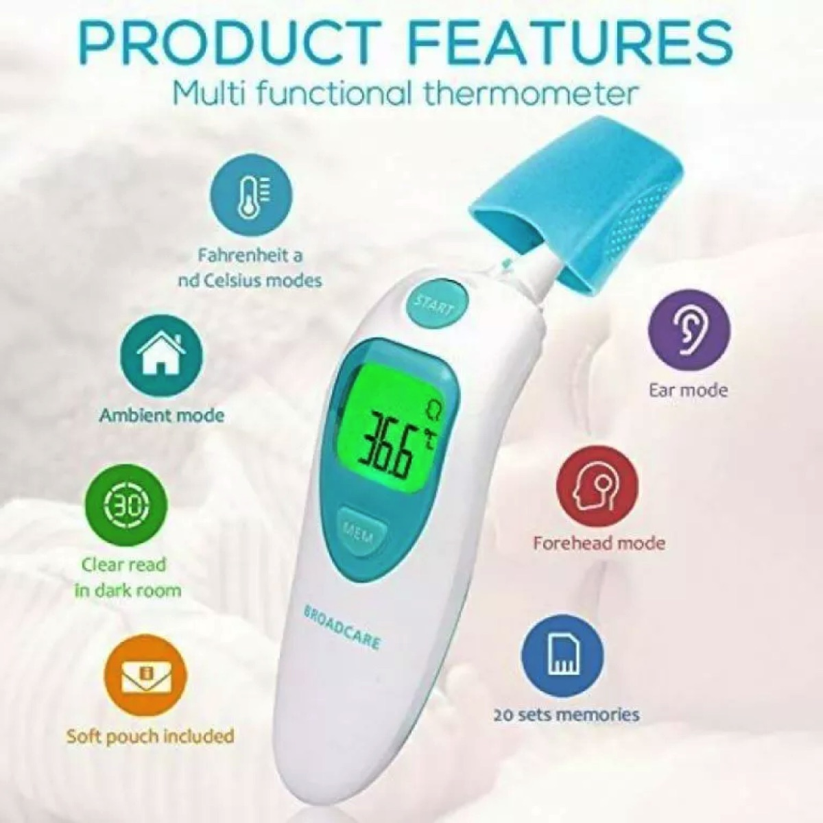 Ein multifunktionales Thermometer mit Digitalanzeige, die eine Temperatur von 36,6 anzeigt. Inklusive Funktionen.