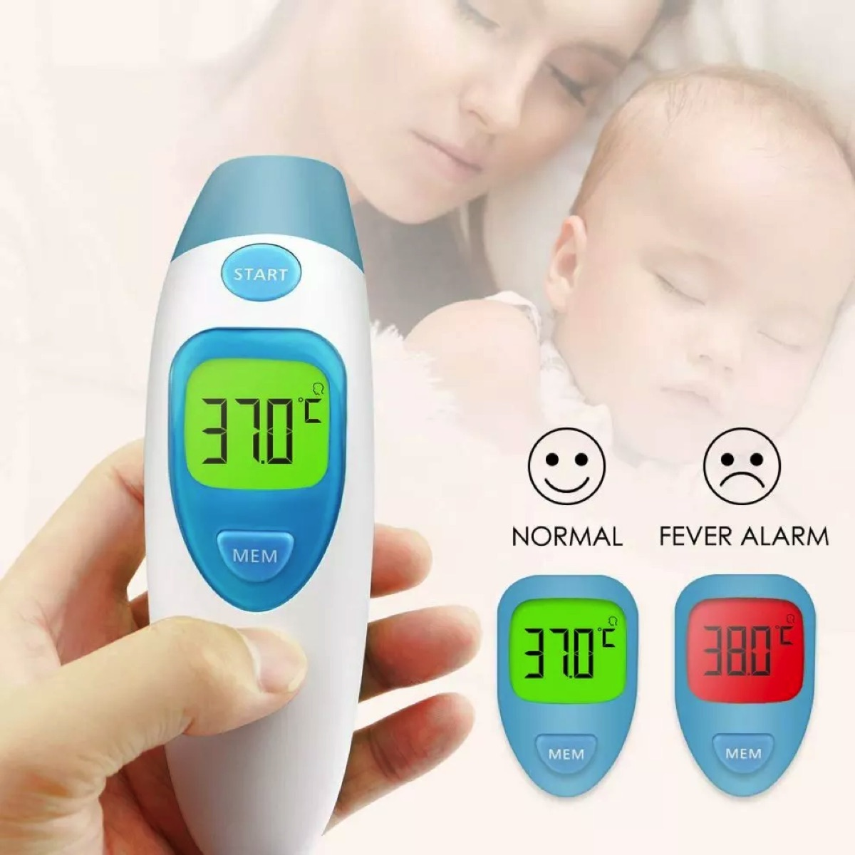 Digitalthermometer zeigt Temperatur. Zeigt 37,0°C als normal und 38,0°C als Fieberalarm.