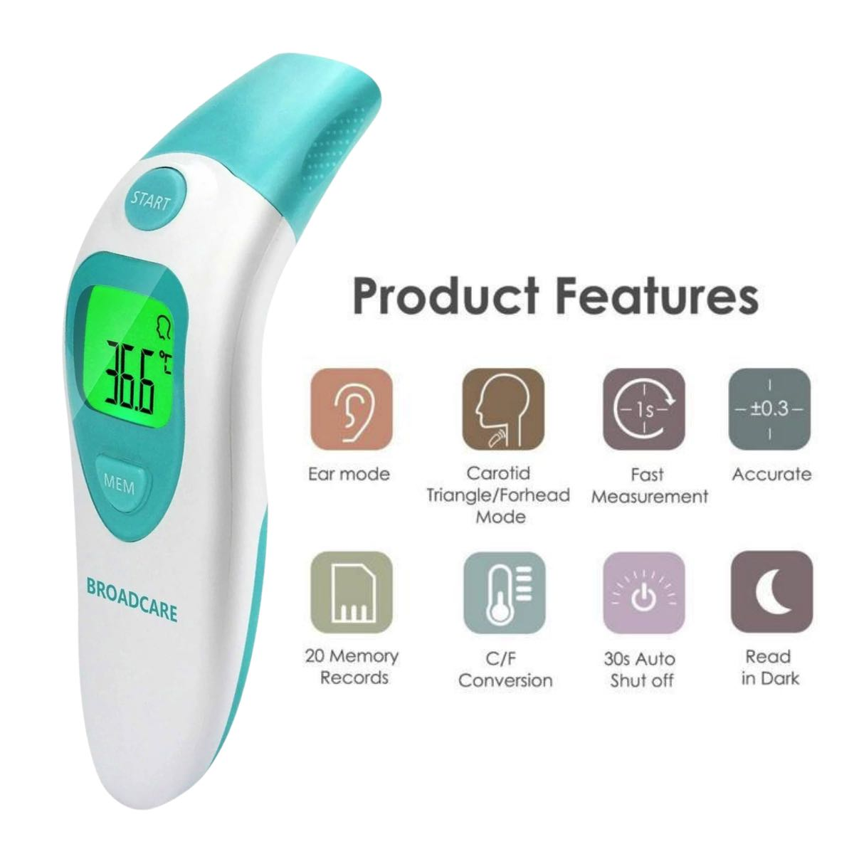 Ein Thermometer mit Produktmerkmalen daneben.