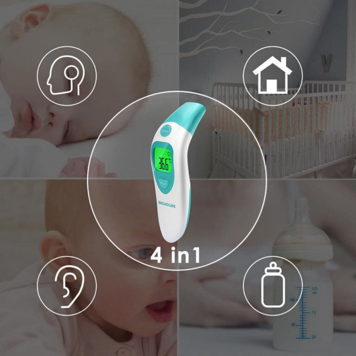 Thermometer, 4-in-1, mit Babybildern und Flasche an den Seiten, misst 36,6 Grad.