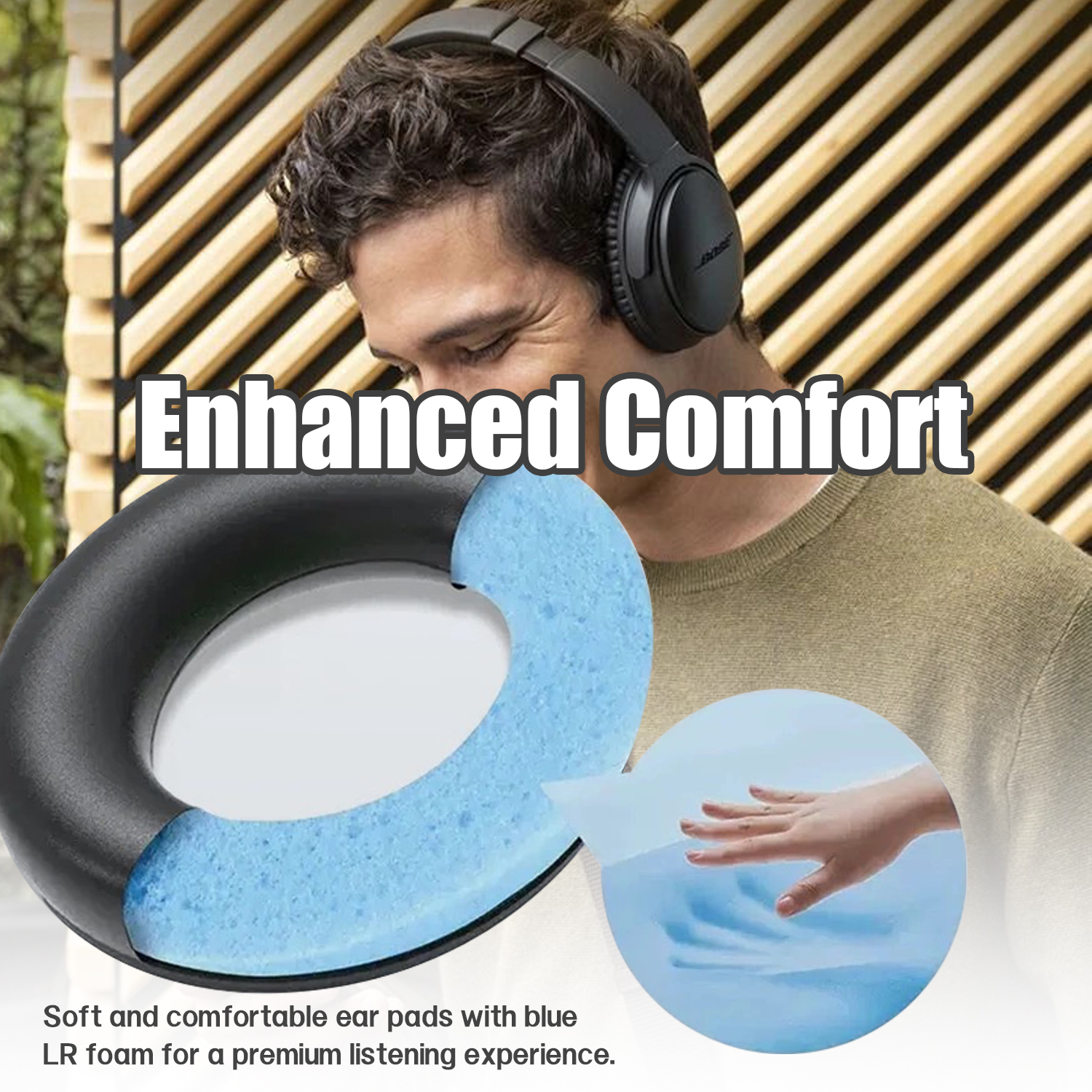 Mężczyzna noszący czarne słuchawki z niebieskimi wkładkami z pianki i tekstem 'Enhanced Comfort'.