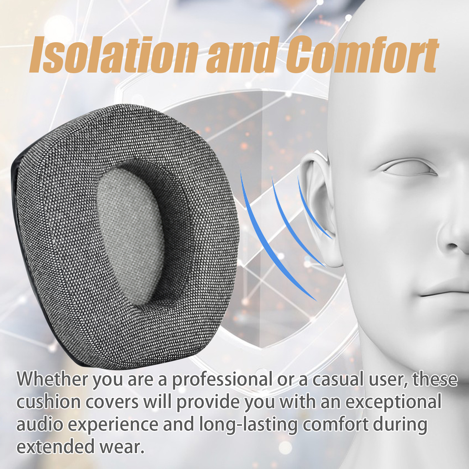 Poduszka słuchawek na białym tle. Sylwetka twarzy pokazuje ucho. Tekst: 'Izolacja i Komfort'.