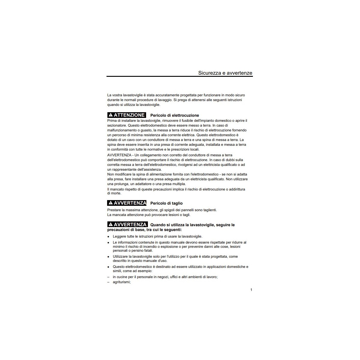 Un documento contenente testo sulla sicurezza e le avvertenze per la lavastoviglie.