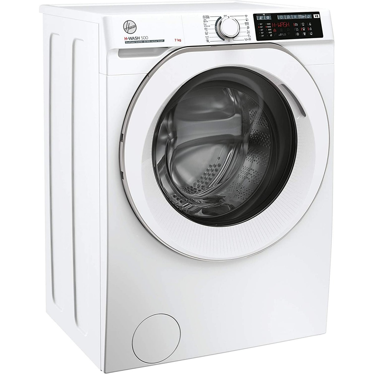 Lavatrice bianca con grande porta circolare. Etichetta H-WASH 500 visibile.