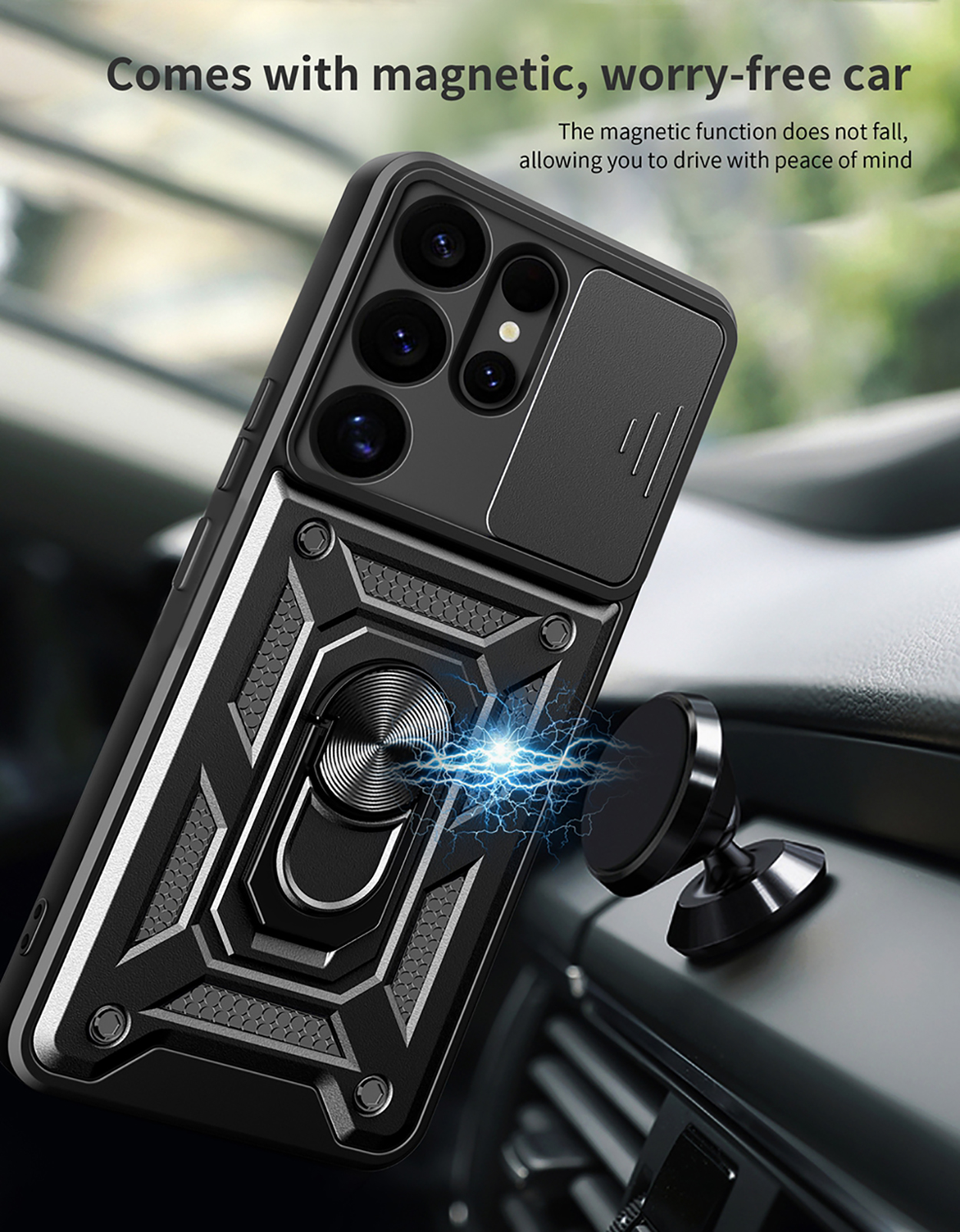 Zwarte telefoonhoes met ringhouder, dashboard en magnetische houder. Tekst: magnetische, zorgeloze auto.