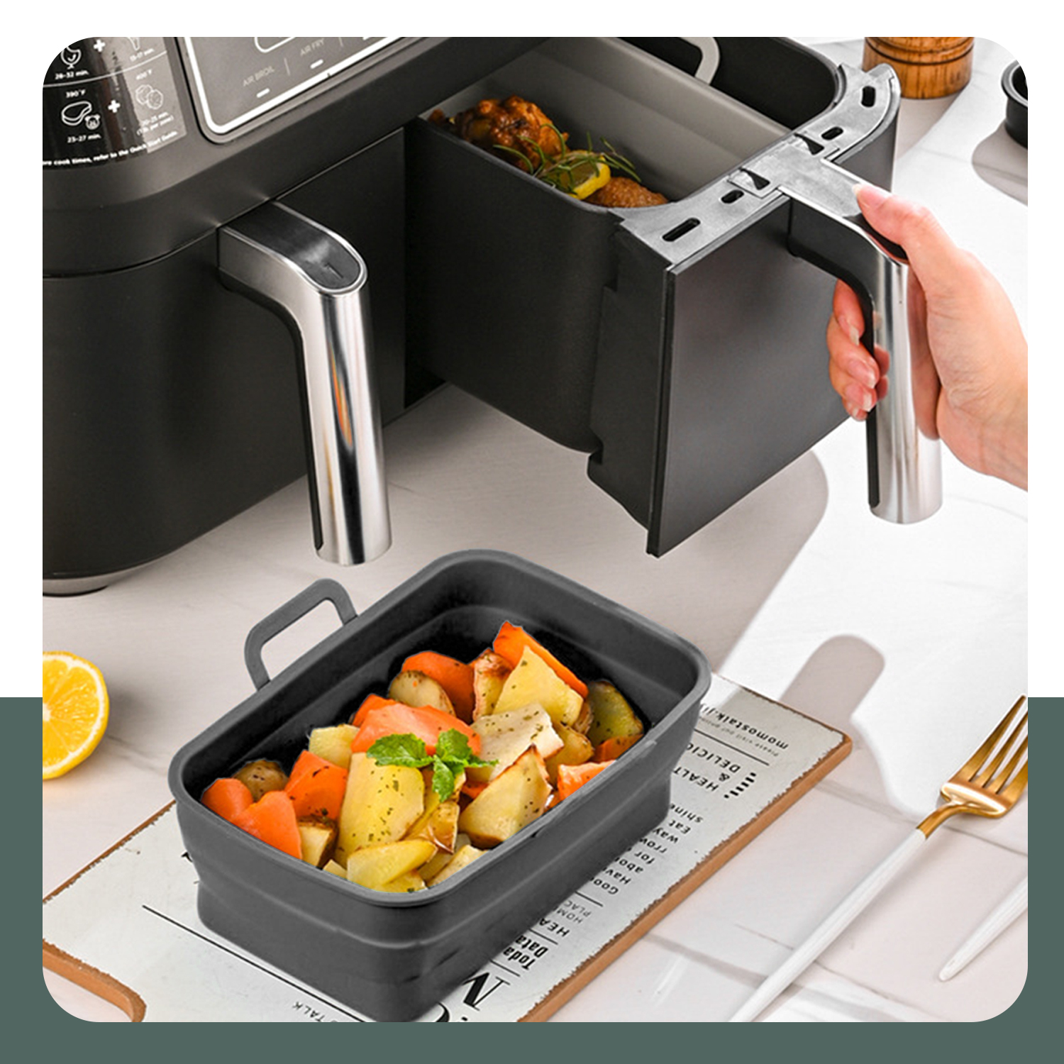 An air fryer with a tray being pulled out, and a tray with cooked vegetables.
