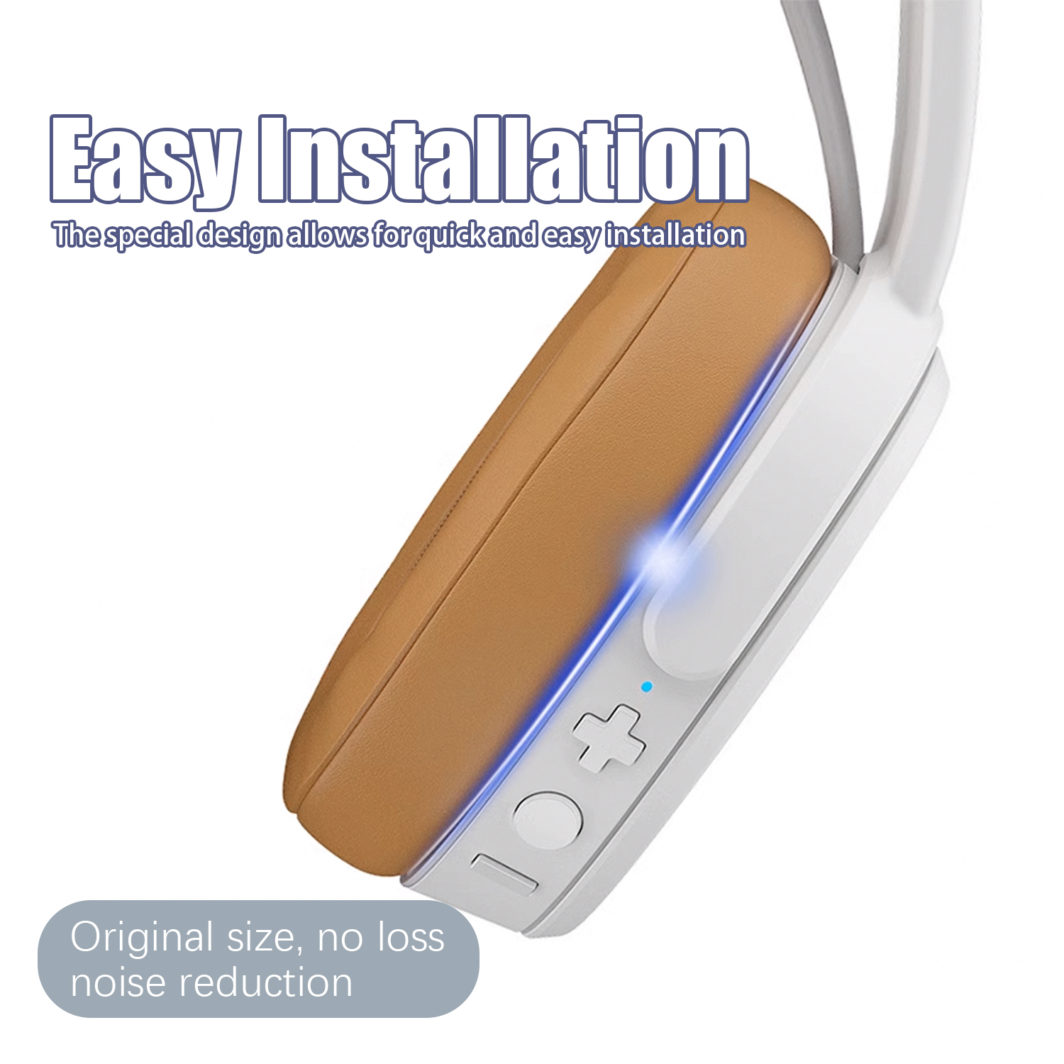 Close-up van een witte koptelefoon met bruine oorkussen. De zijkant heeft knoppen, met tekst: Easy Installation.