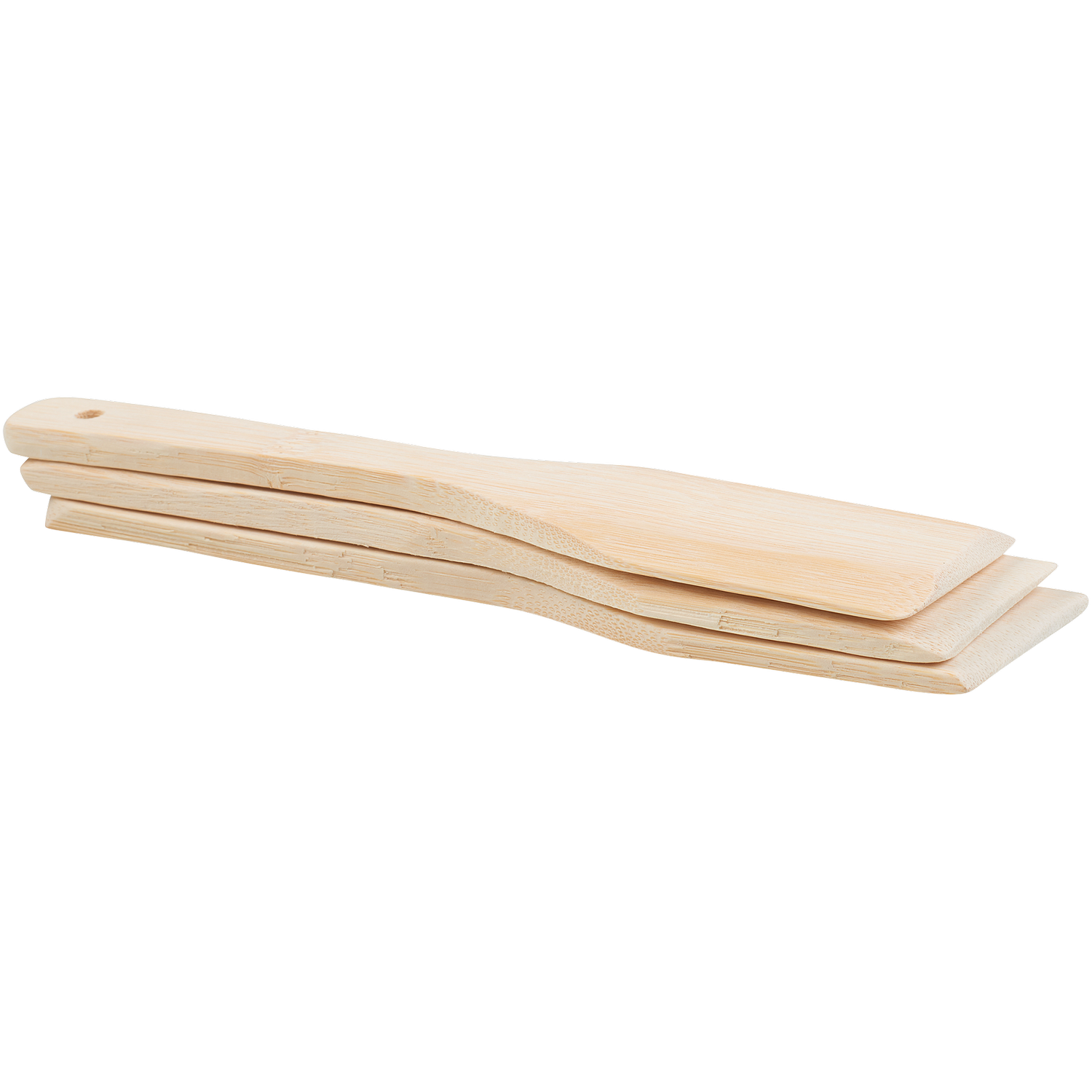 Tre spatole di legno impilate, con un foro nel manico. Sfondo nero.