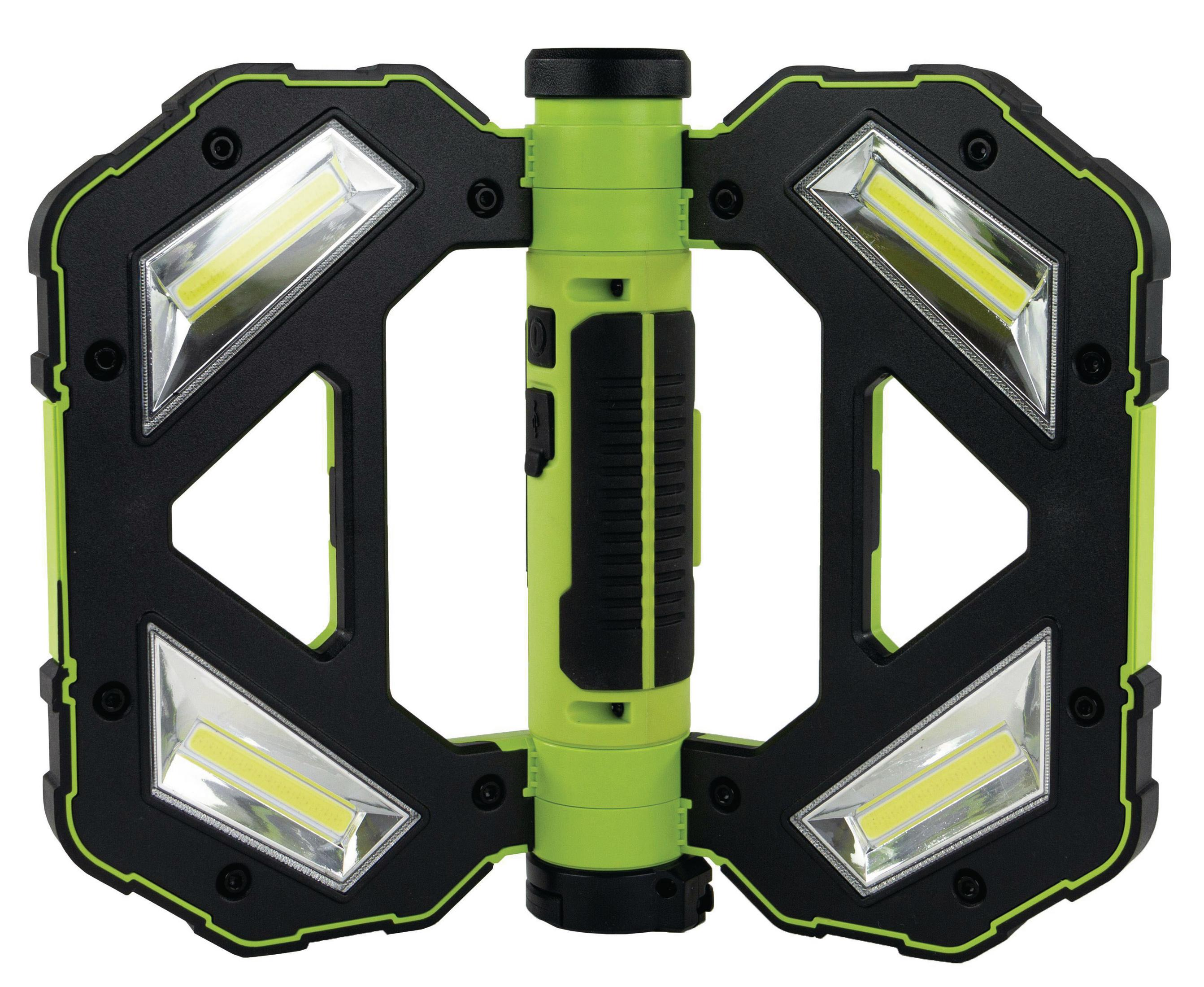 Eine grüne und schwarze Arbeitsleuchte mit mehreren LED-Panels. Sie ist zusammengeklappt.
