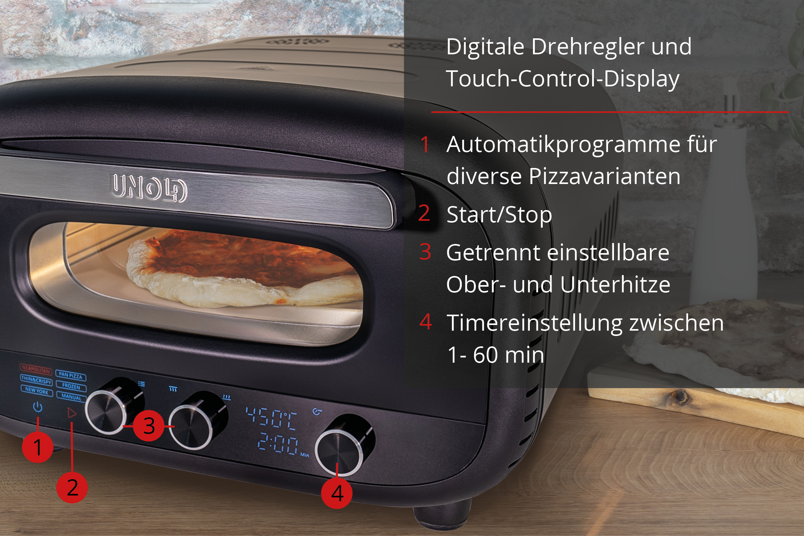 Four à pizza noir avec commandes et pizza à l'intérieur. Texte et chiffres visibles.