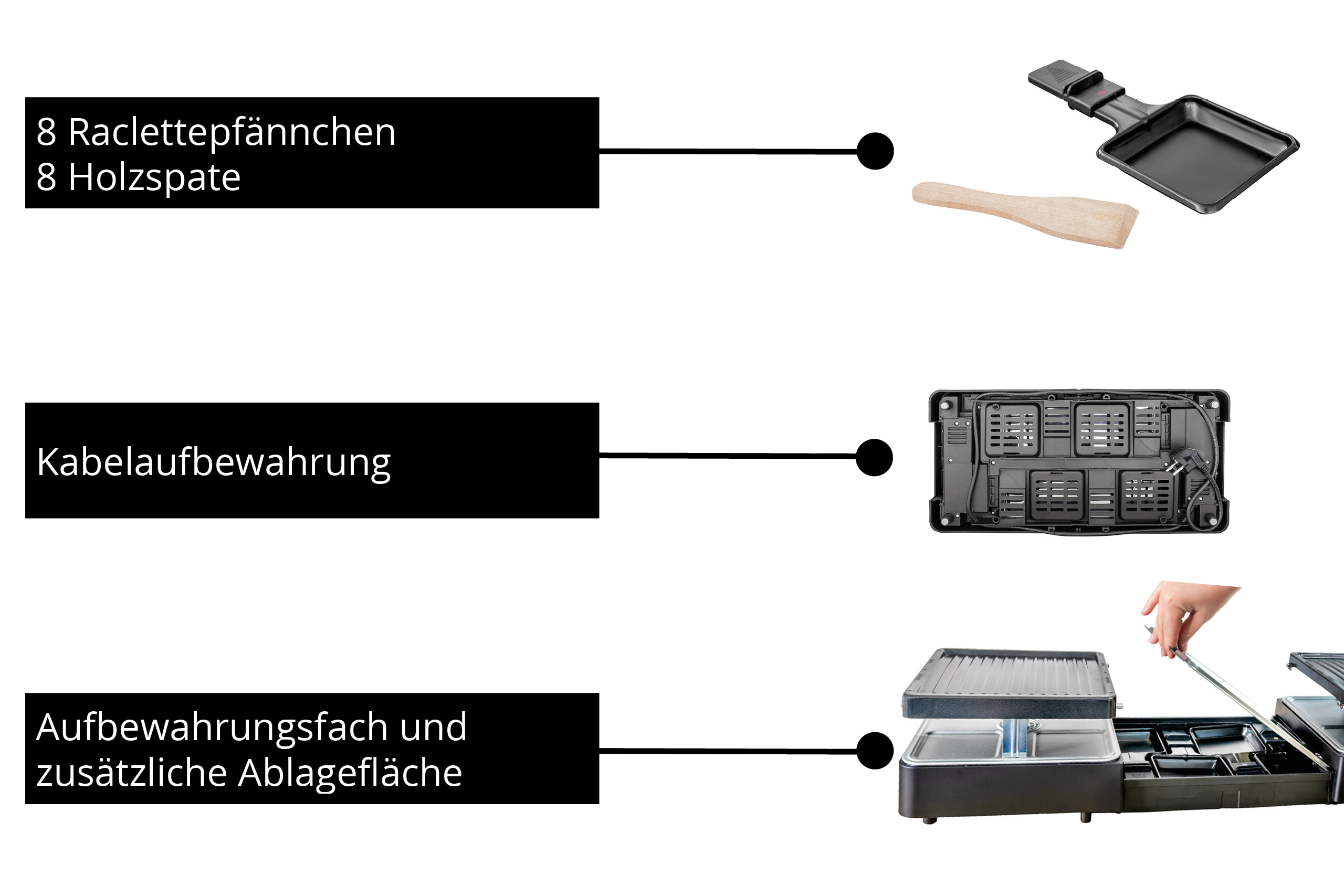 Detaillierte Ansicht eines Raclette-Grills mit Pfannen, Spateln und Aufbewahrungsmerkmalen.