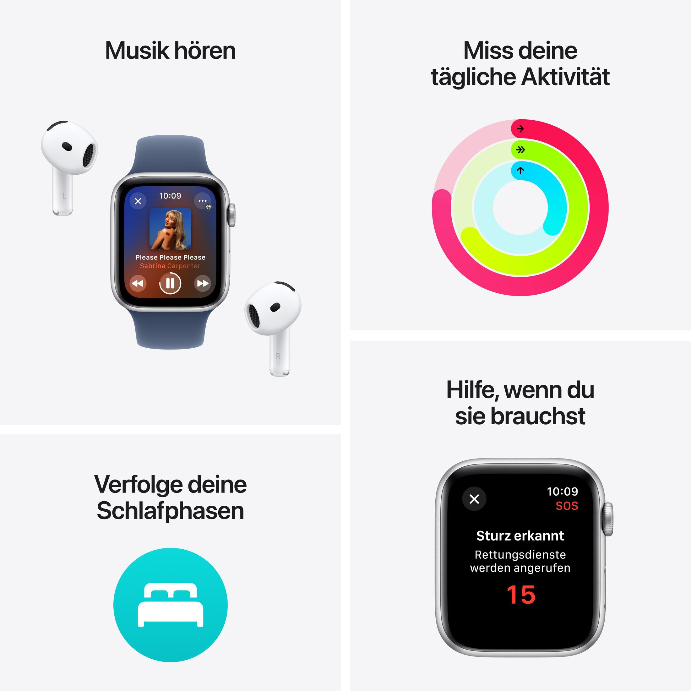 Kolaż funkcji Apple Watch: muzyka, pierścienie aktywności, śledzenie snu i SOS.