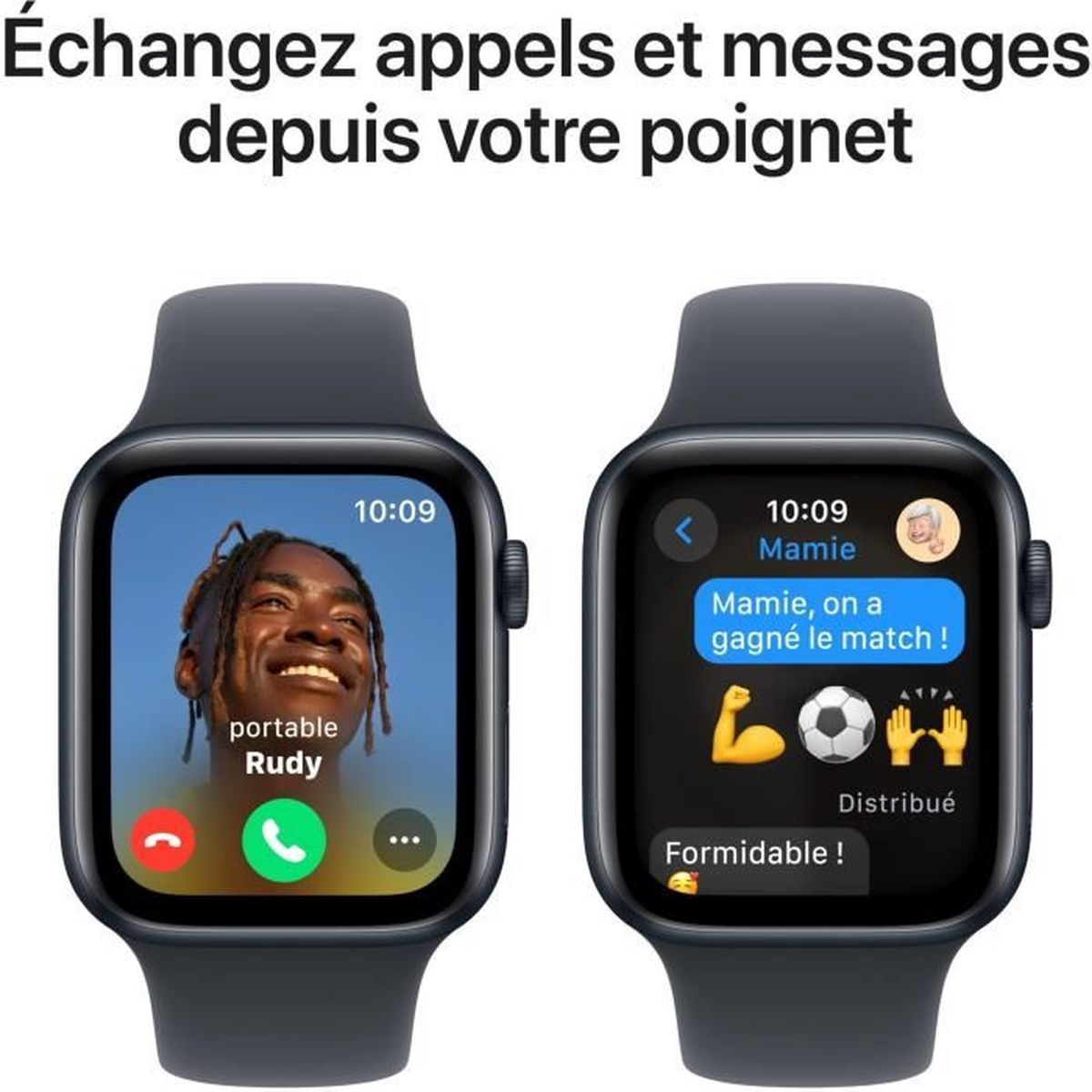 Deux montres connectées avec interface d'appel et de message. L'une affiche un appel.