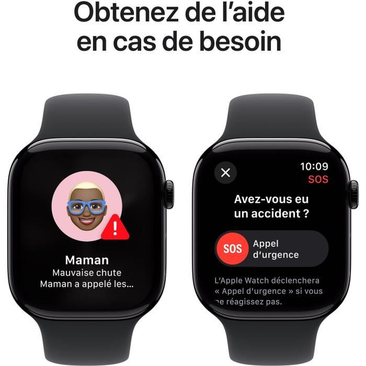 Dwa Apple Watch z funkcjami awaryjnymi. Jeden pokazuje alert upadku z emotikonem mamy. Drugi pyta o wypadek.