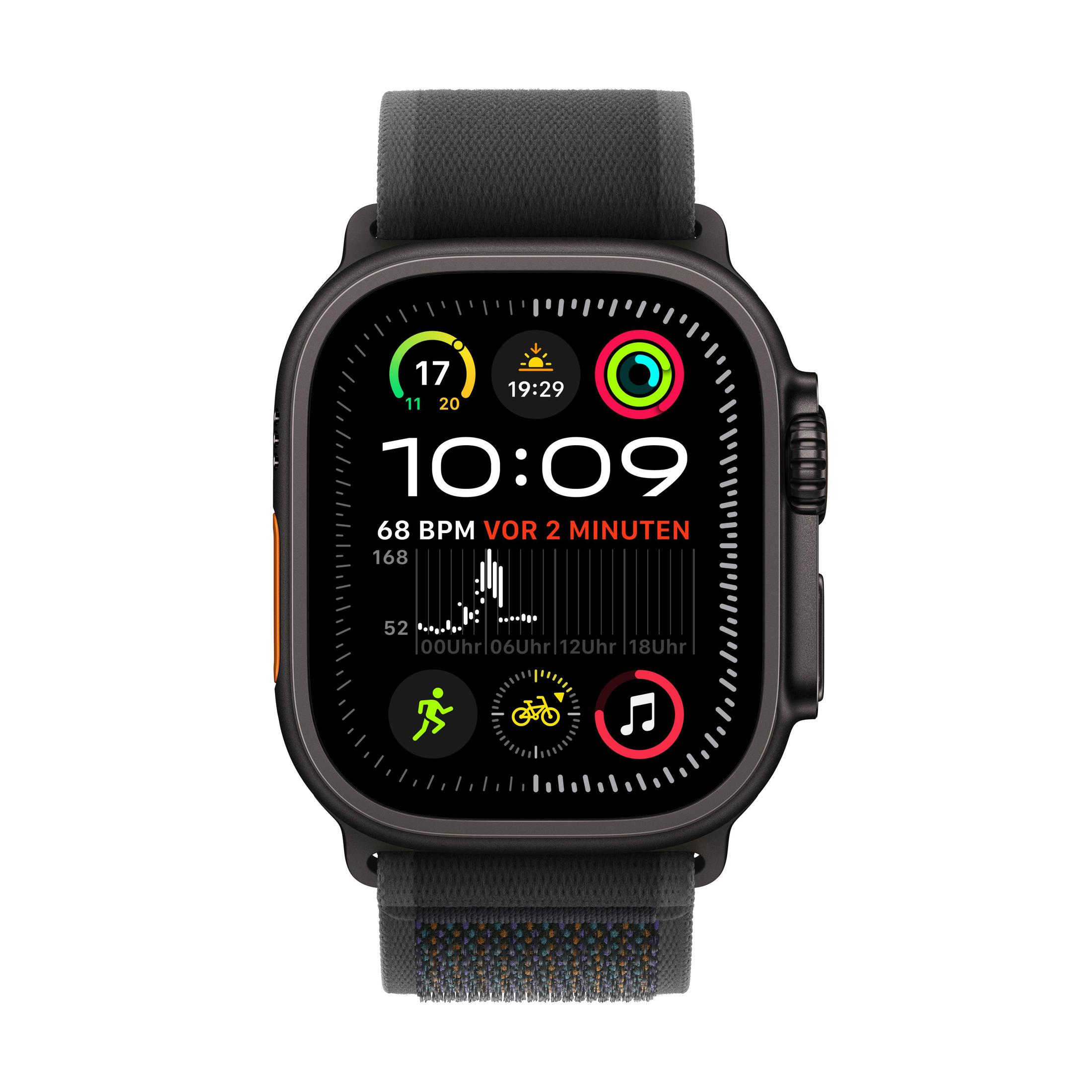 Czarny smartwatch z czarnym paskiem, wyświetlający godzinę, tętno i inne dane.