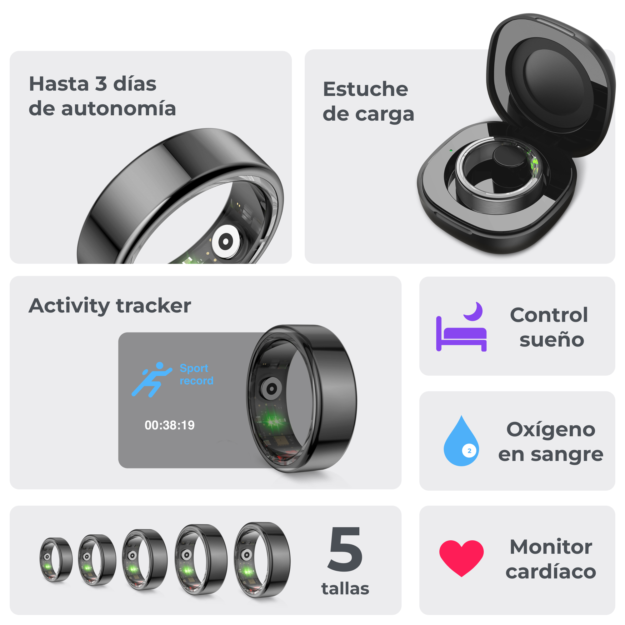 Un anillo inteligente negro con estuche de carga y funciones de seguimiento de salud, incluyendo sueño y ritmo cardíaco.