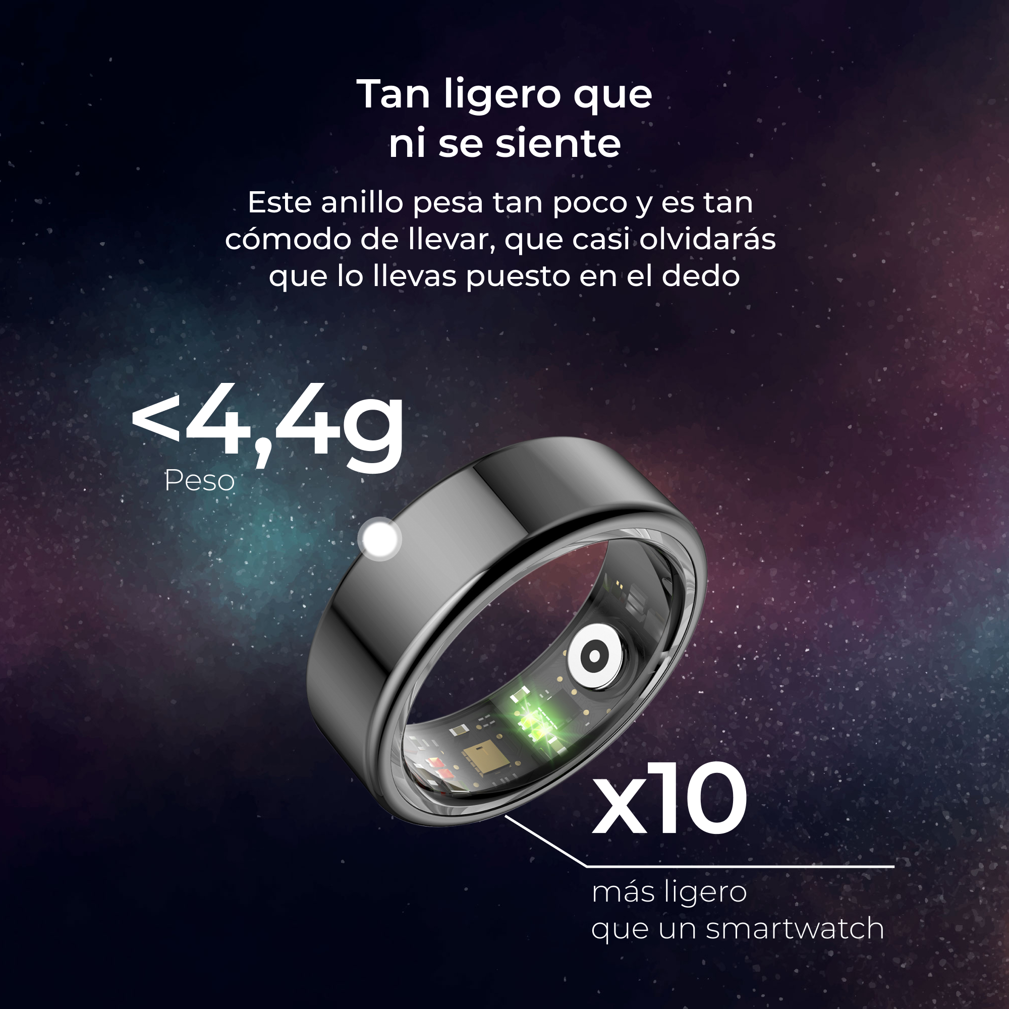 Un anillo inteligente negro con interior plateado y texto en español que indica una ligereza de 4,4 g.