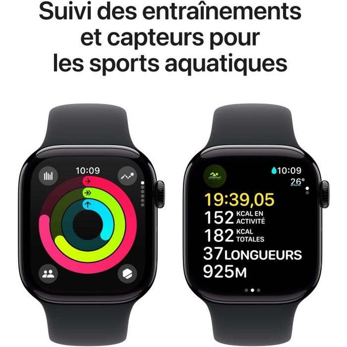 Zwei Smartwatches, die Trainingskennzahlen anzeigen. Eine zeigt einen bunten Aktivitätsring, die andere Daten.