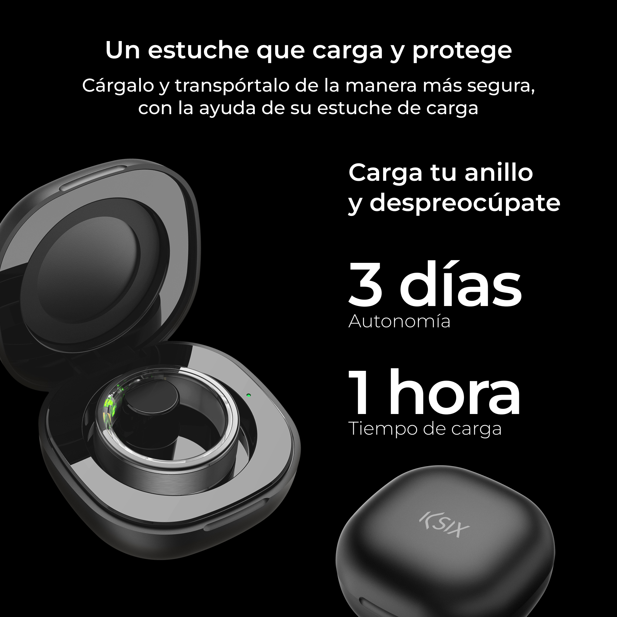 Auriculares inalámbricos negros en estuche de carga, con texto sobre carga y batería.