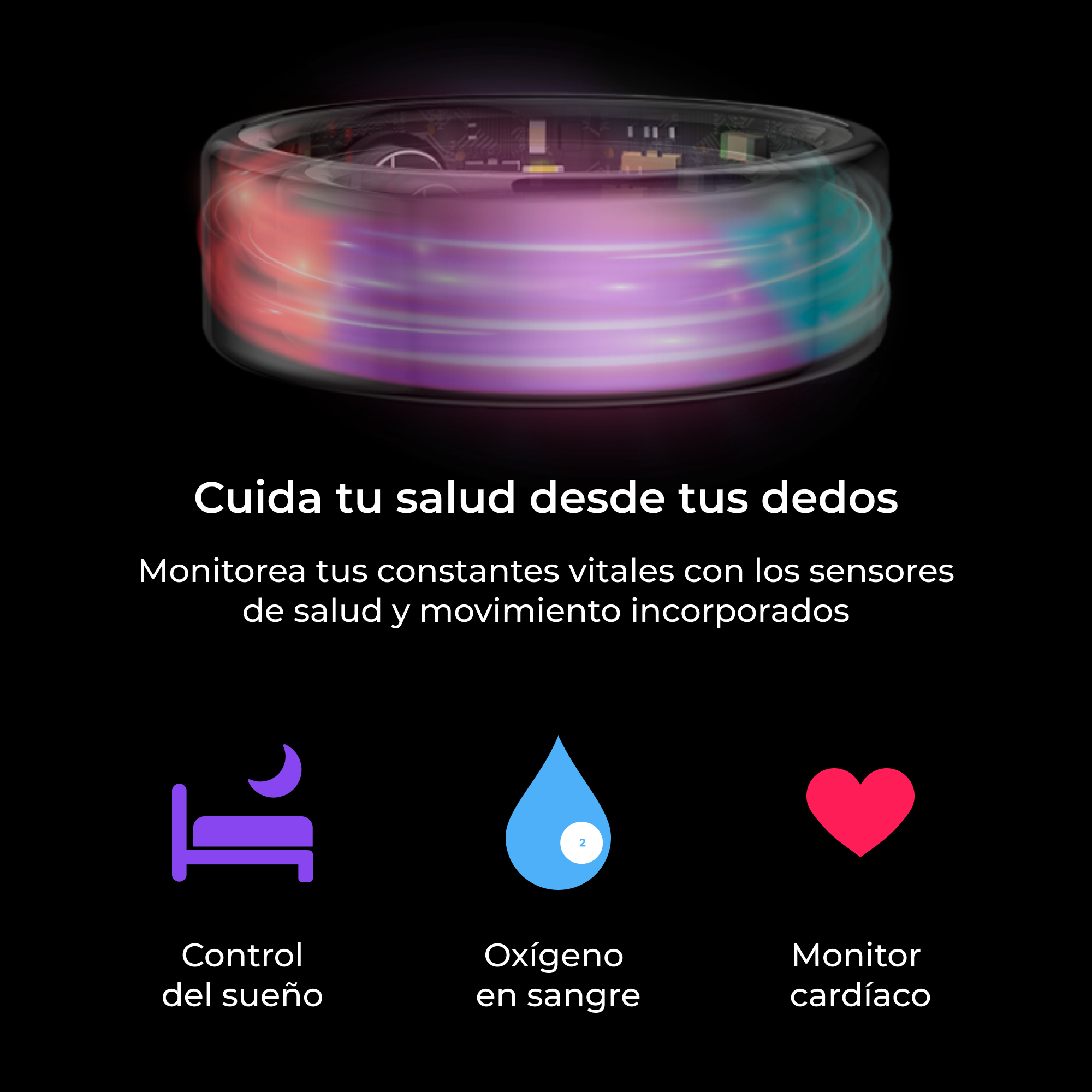 Un anillo inteligente con luz. Muestra: control del sueño, oxígeno en sangre y monitor cardíaco.