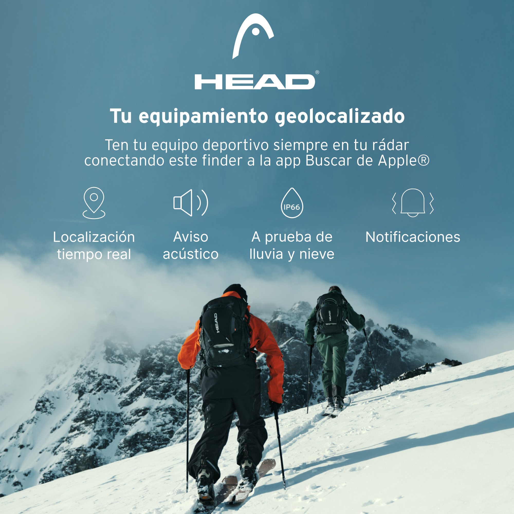 Dos esquiadores en una montaña nevada, con la palabra 'HEAD' y algunos iconos.