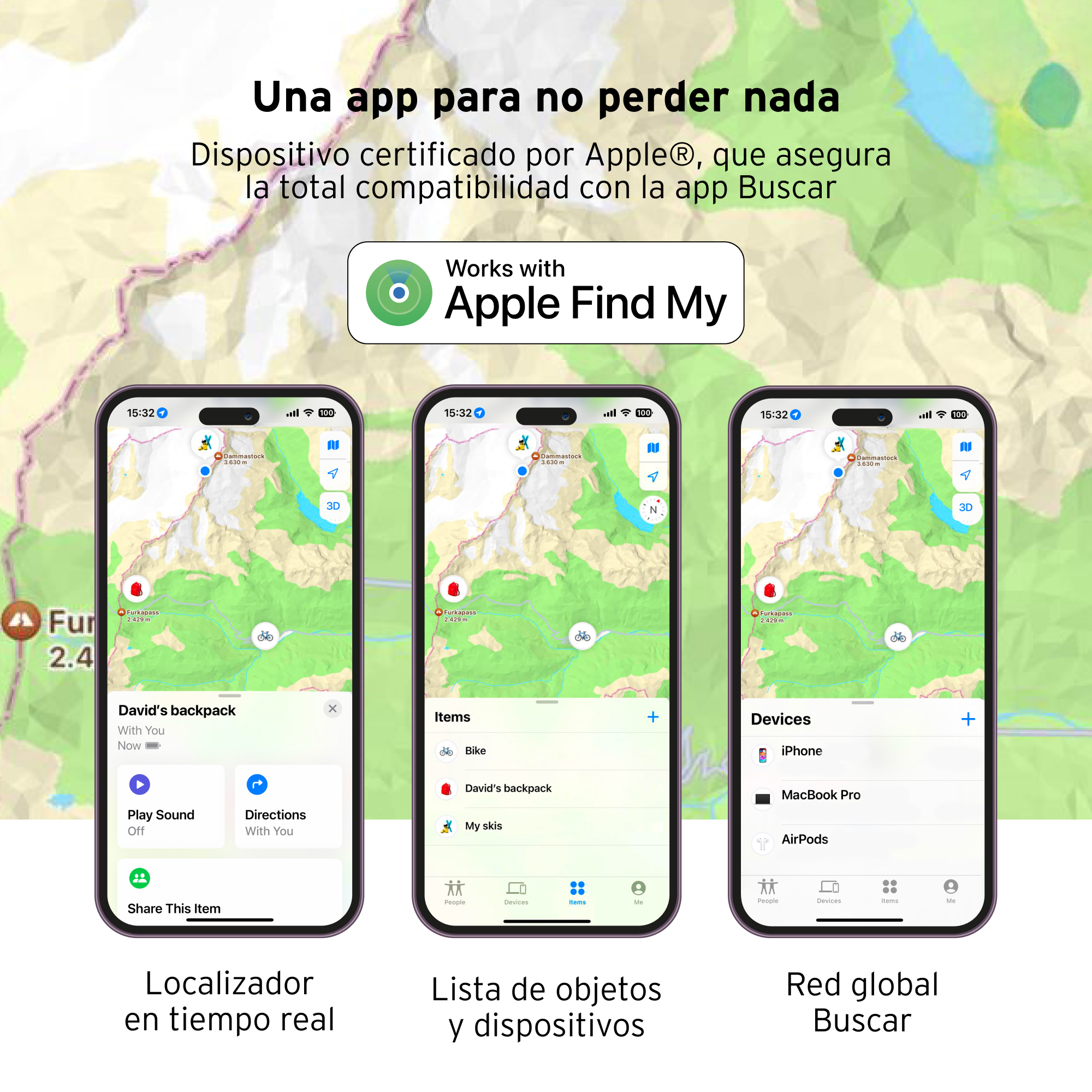 Pantallas de teléfonos inteligentes que muestran una aplicación de mapas con Buscar, mostrando información de ubicación y dispositivos.