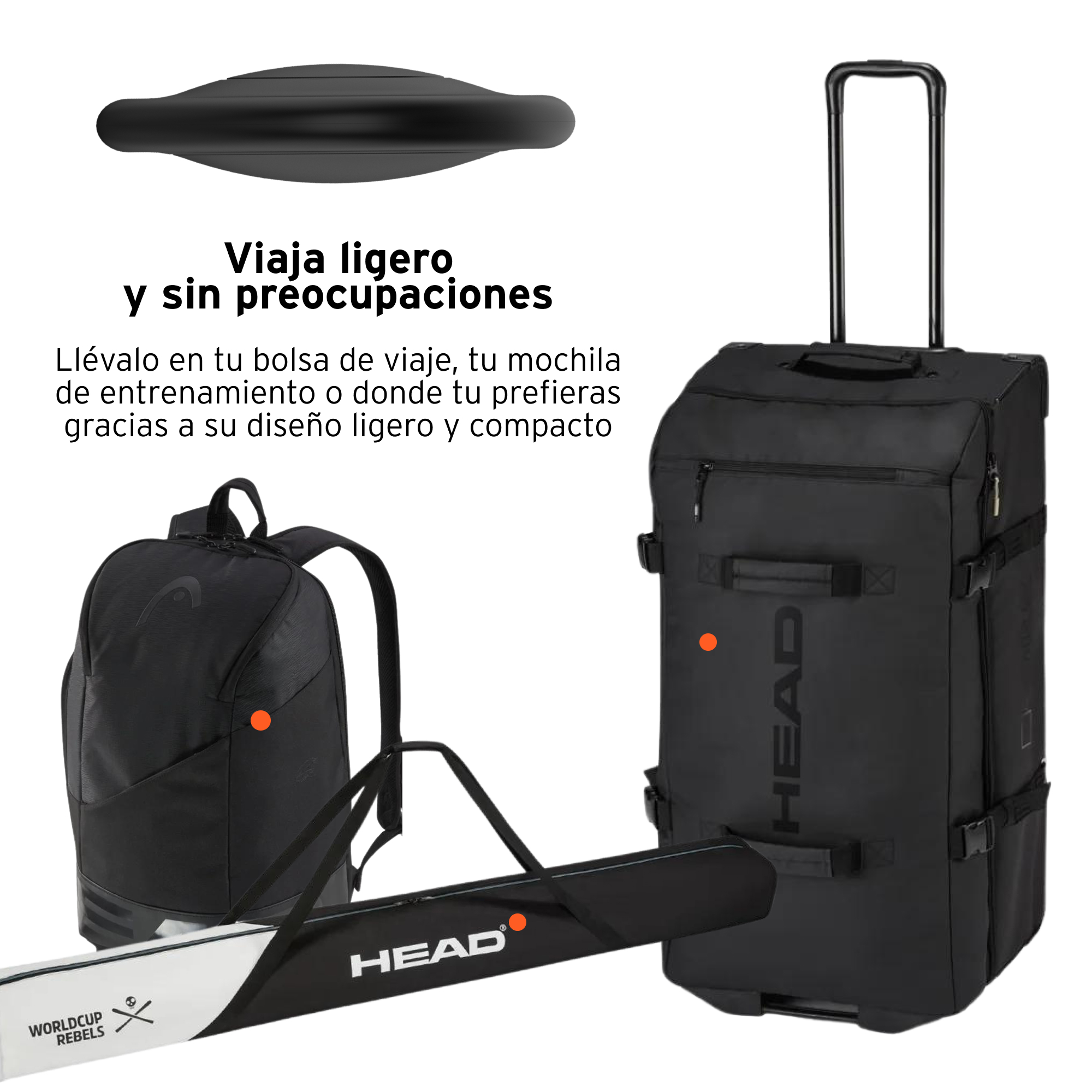 Bolsa de viaje negra, mochila y bolsa de esquí, todos con el logo HEAD. Texto en español.