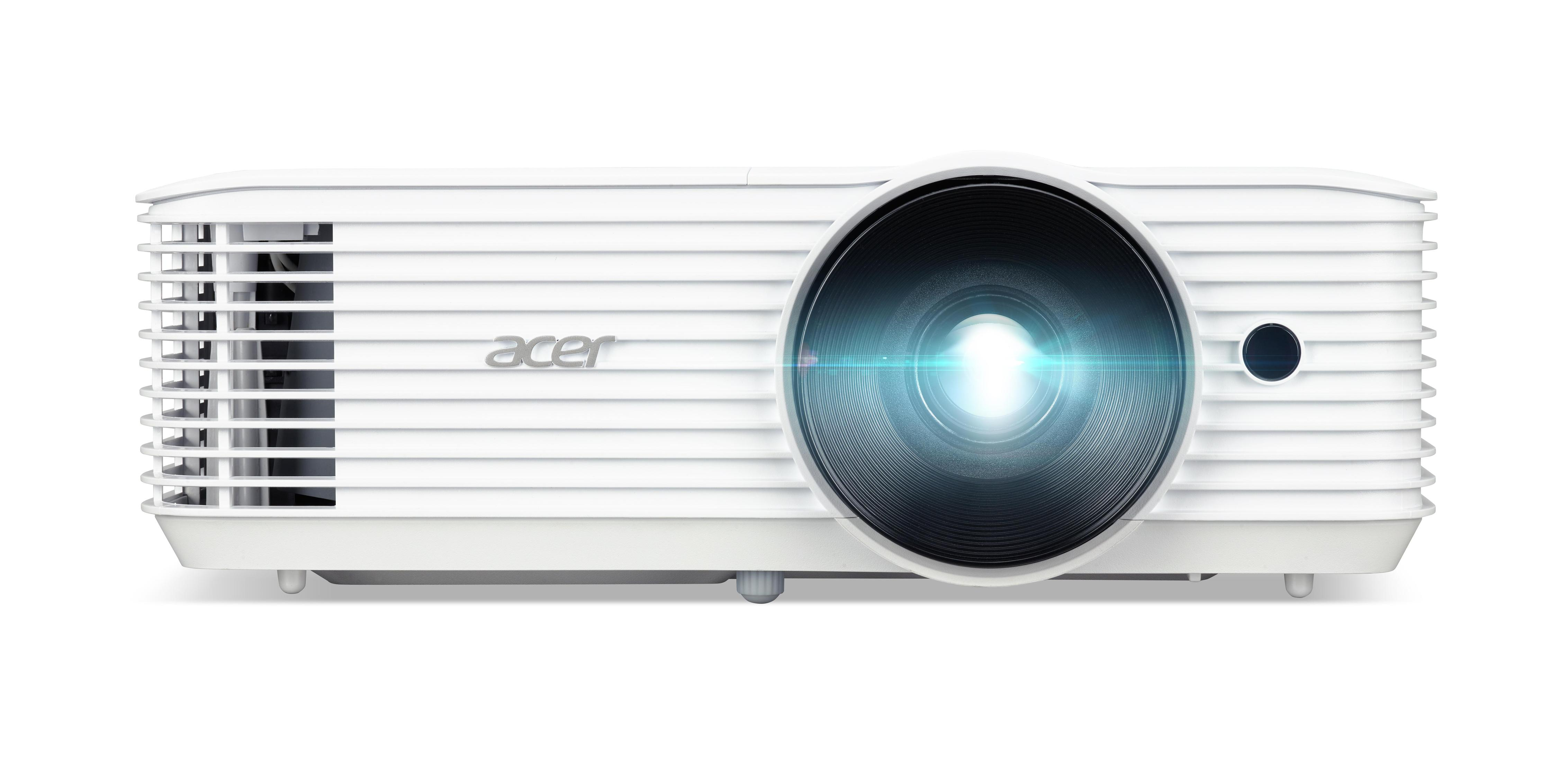 Weißer Acer-Projektor, Linse emittiert Licht. Weißer Hintergrund.