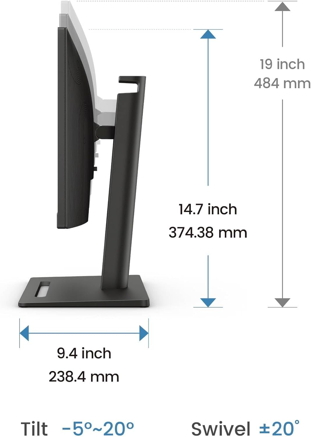 Monitor z boku, z wymiarami: 19 cali wysokości, 14,7 cali szerokości i 9,4 cali głębokości.