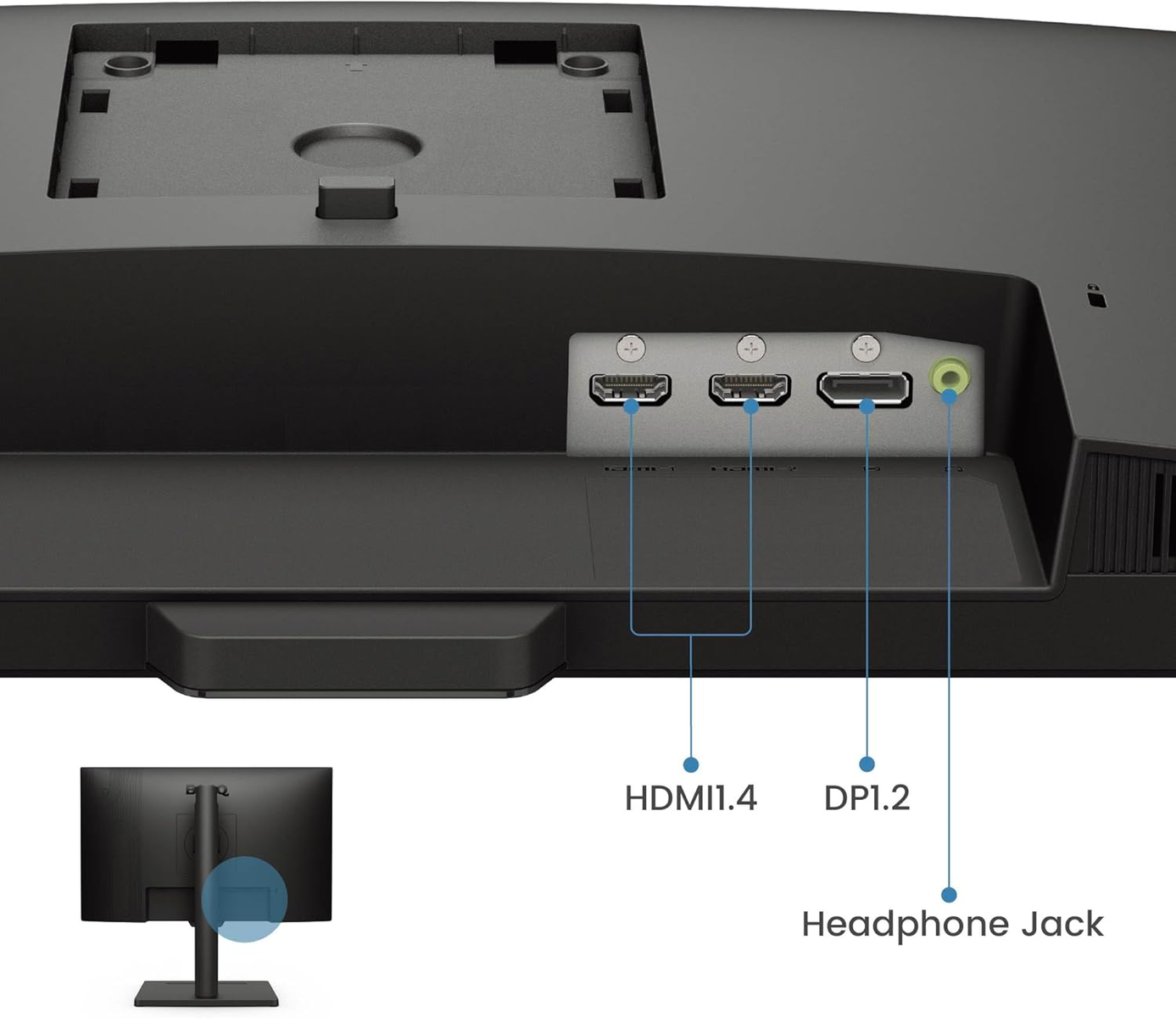 Tył monitora komputera. Widoczne porty HDMI, DPI i gniazdo słuchawkowe.