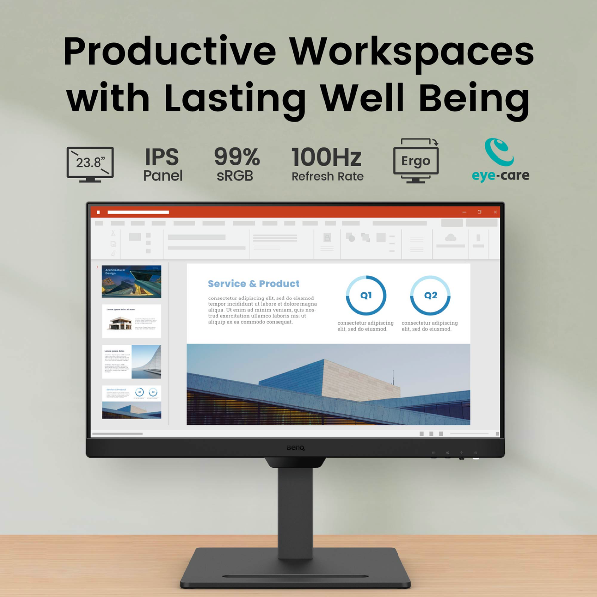 Czarny monitor komputerowy z tekstem o funkcjach. Monitor stoi na stojaku.