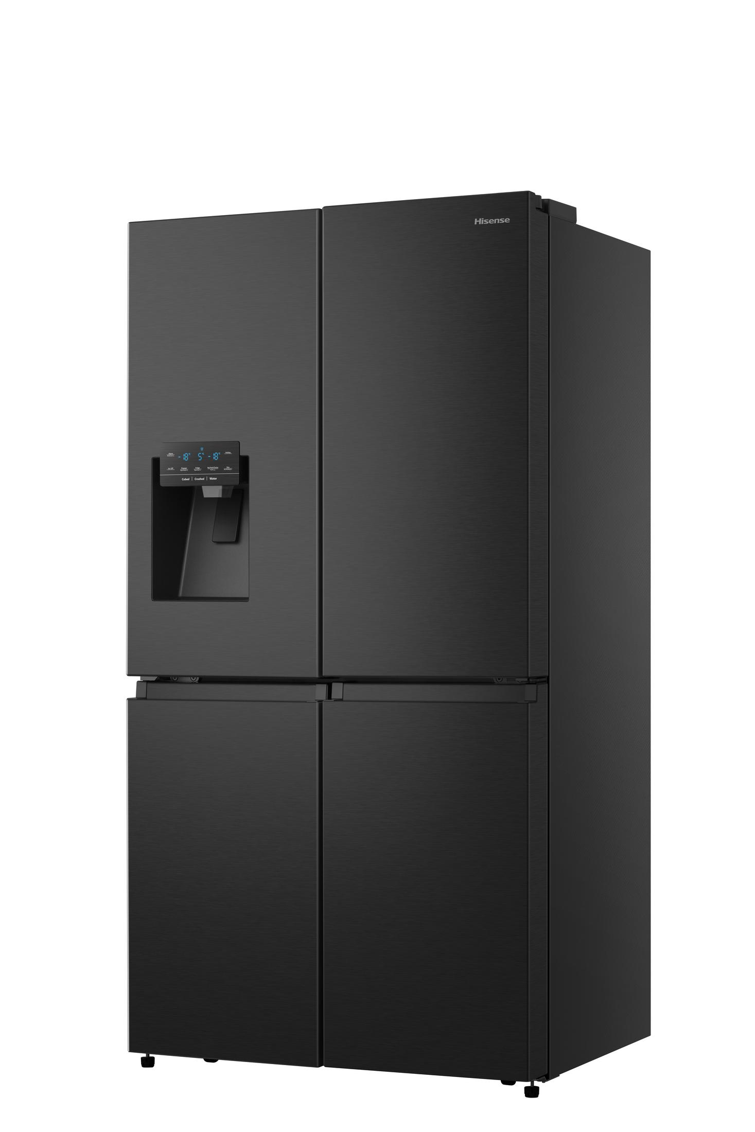 Schwarzer Hisense French Door Kühlschrank mit Wasserspender an der Tür.