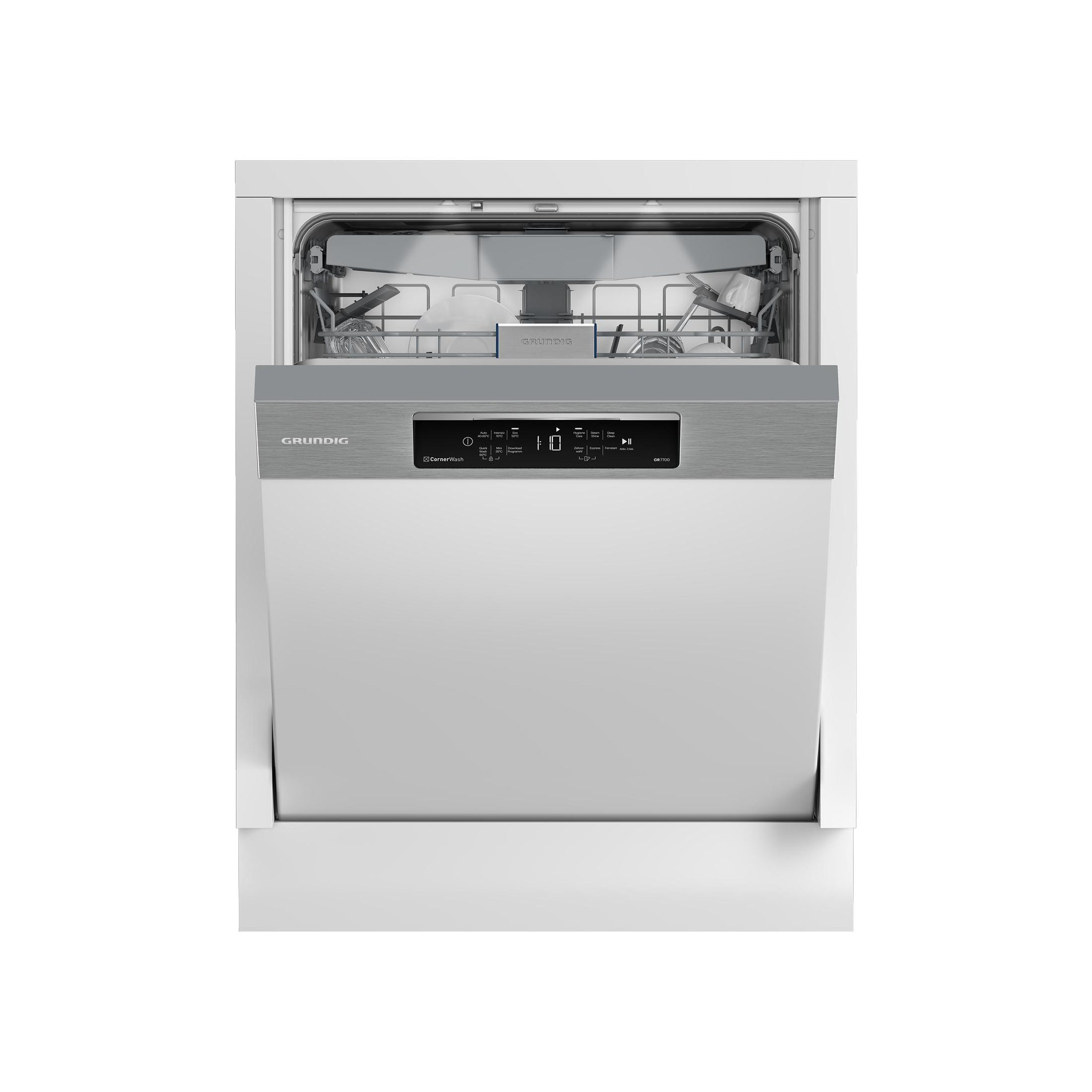 Ein weißer Geschirrspüler von Grundig mit geöffneter Tür.