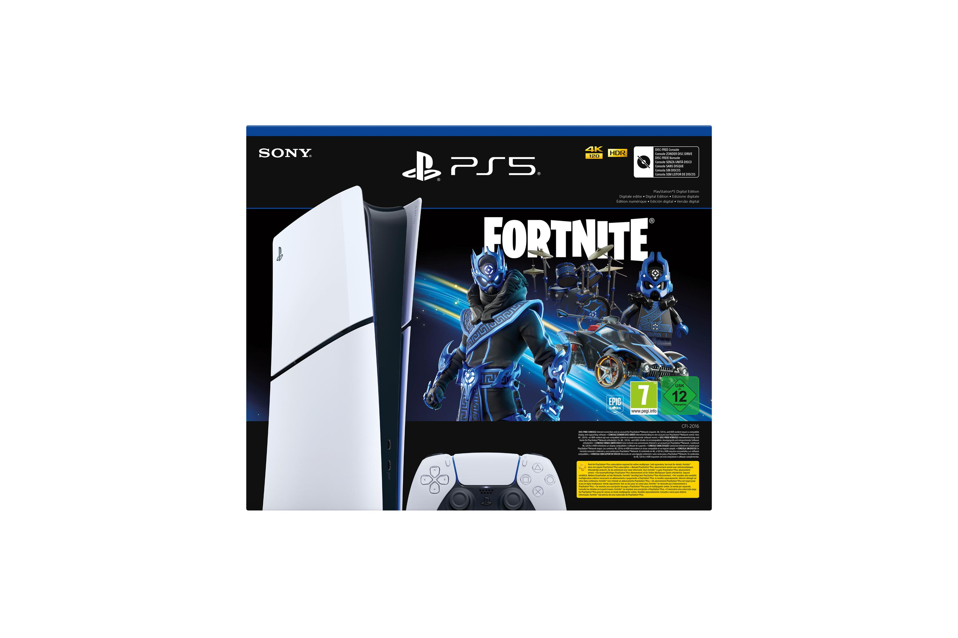 Konsola PS5 i kontroler z pudełkiem gry Fortnite w tle.