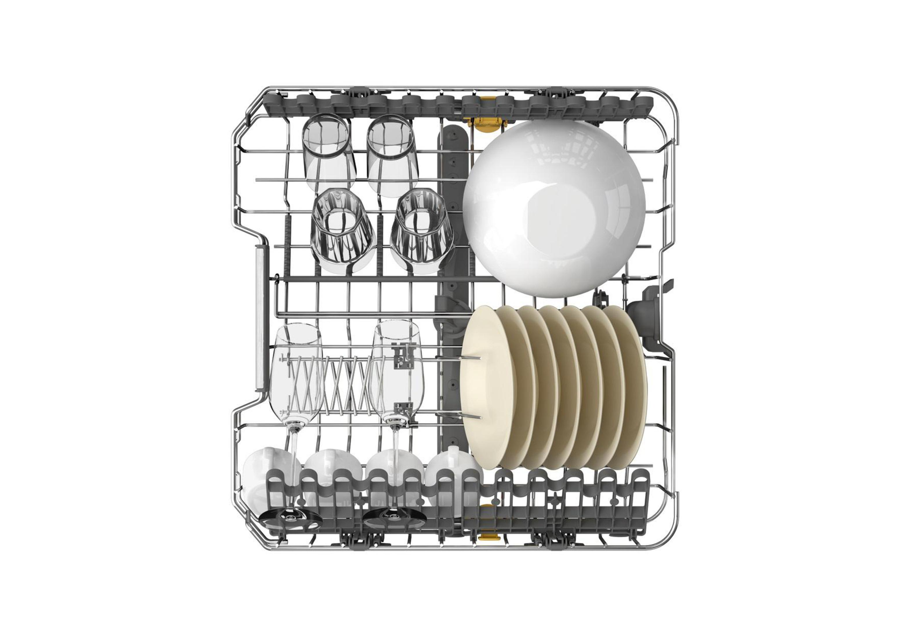 Draufsicht auf einen Geschirrspüler mit Gläsern, Tellern und Schüsseln.  Sauber und organisiert.
