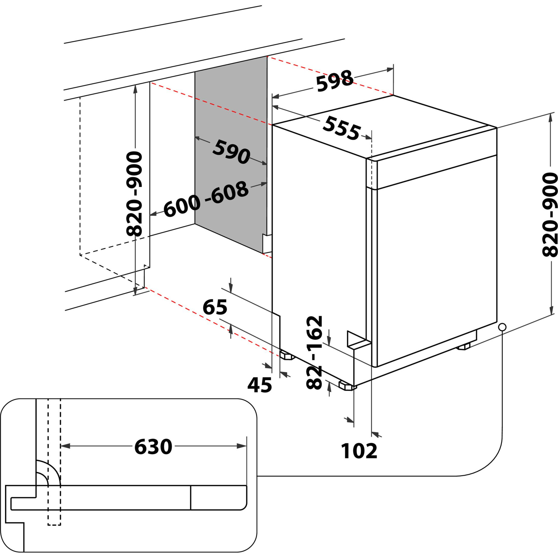 Diagramm eines Einbau-Geschirrspülers mit Bemaßungen in mm.  Enthält ein Detail in Nahaufnahme.