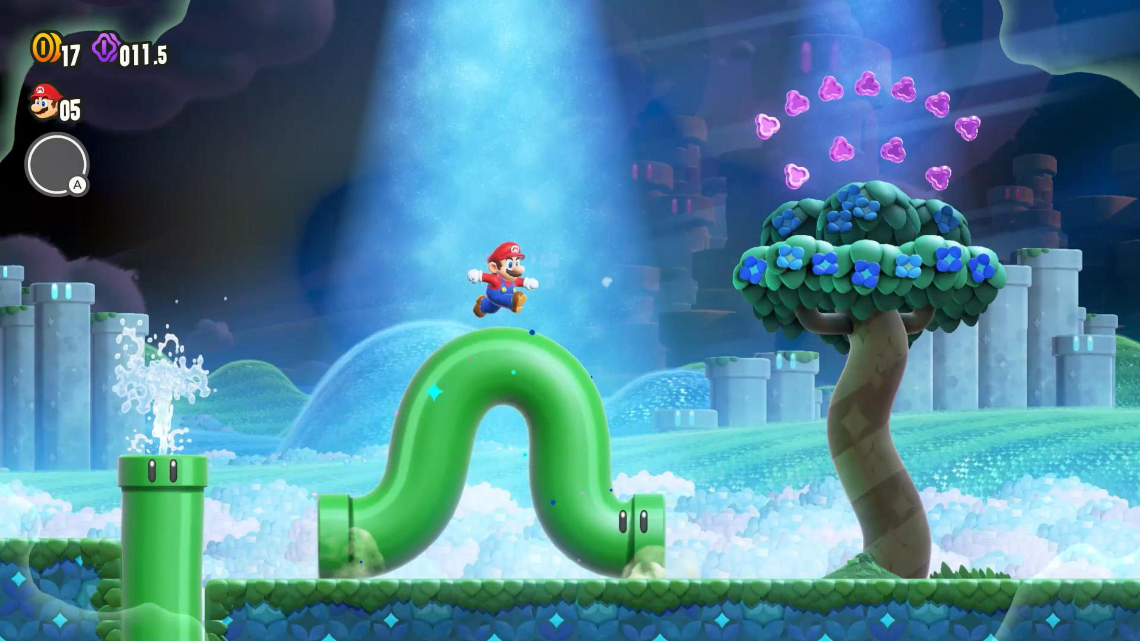 Mario rennt auf einem grünen Rohr in einer bunten Videospielszene. Der Hintergrund hat einen Himmel und Bäume.