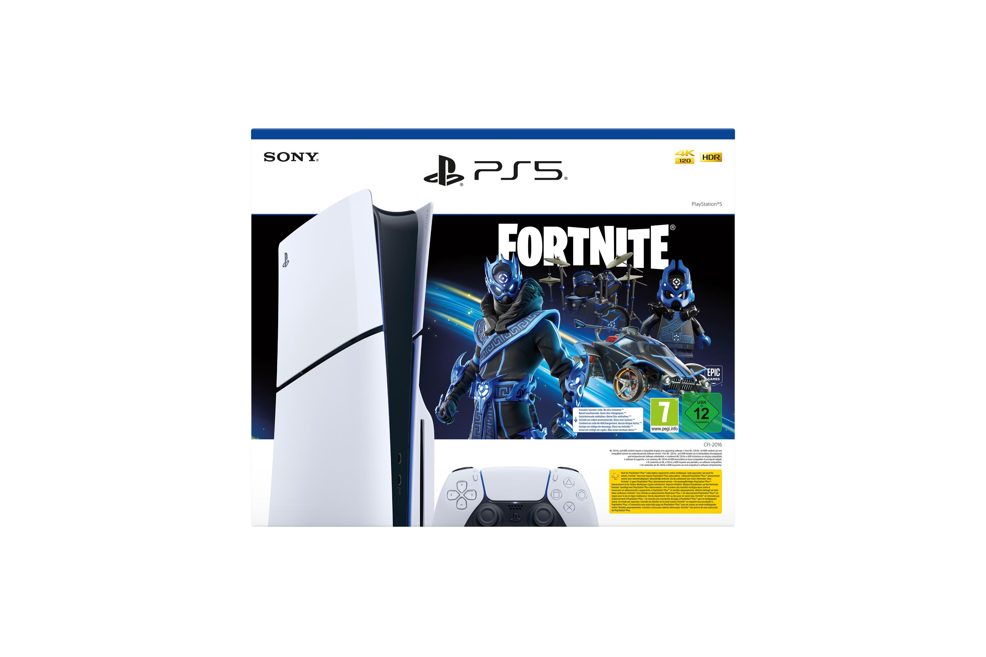 Pudełko konsoli do gier PS5 z okładką gry Fortnite, kontrolerem i informacjami o grze.