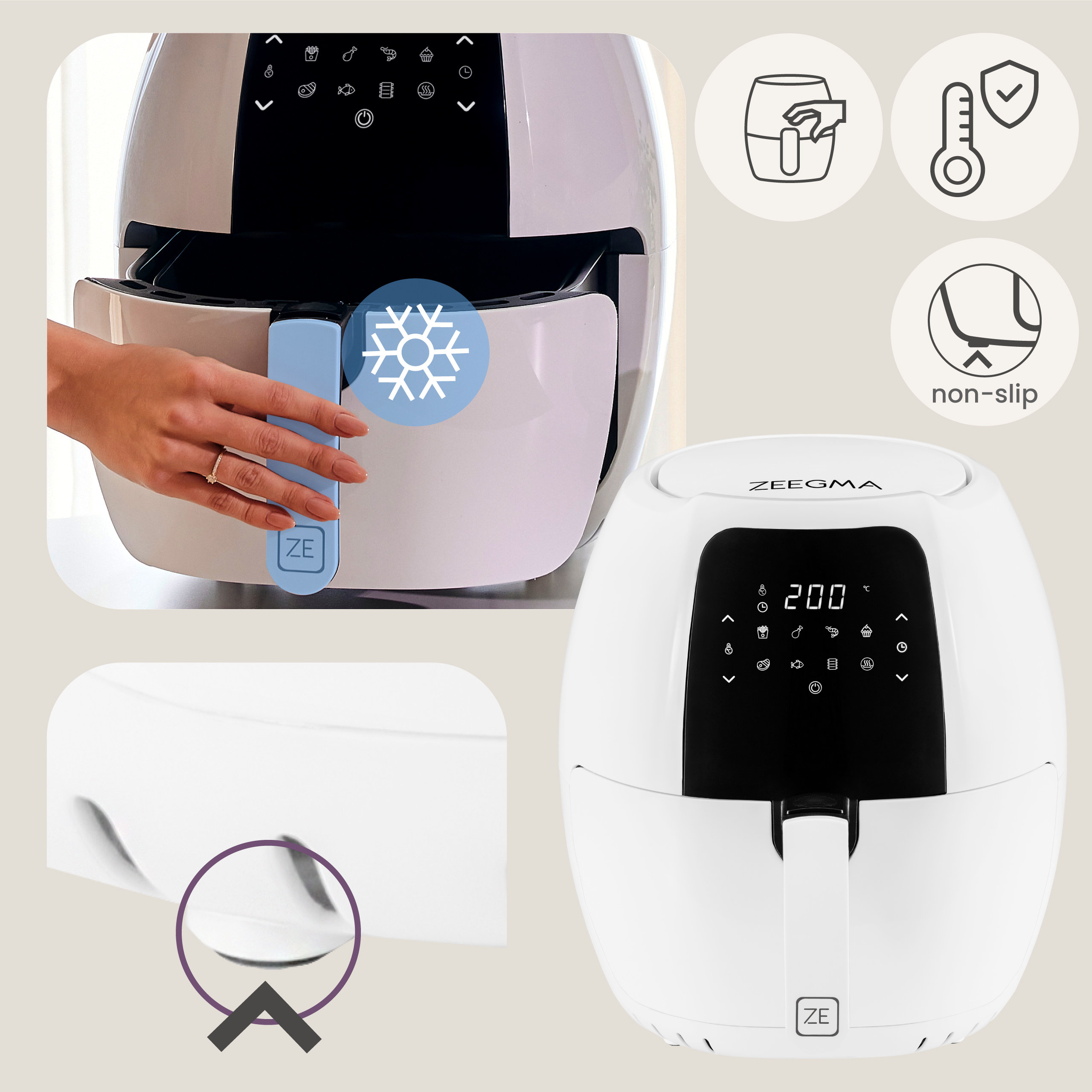 Biała frytownica powietrzna z ręką otwierającą szufladę. Widoczne są również ikony funkcji.