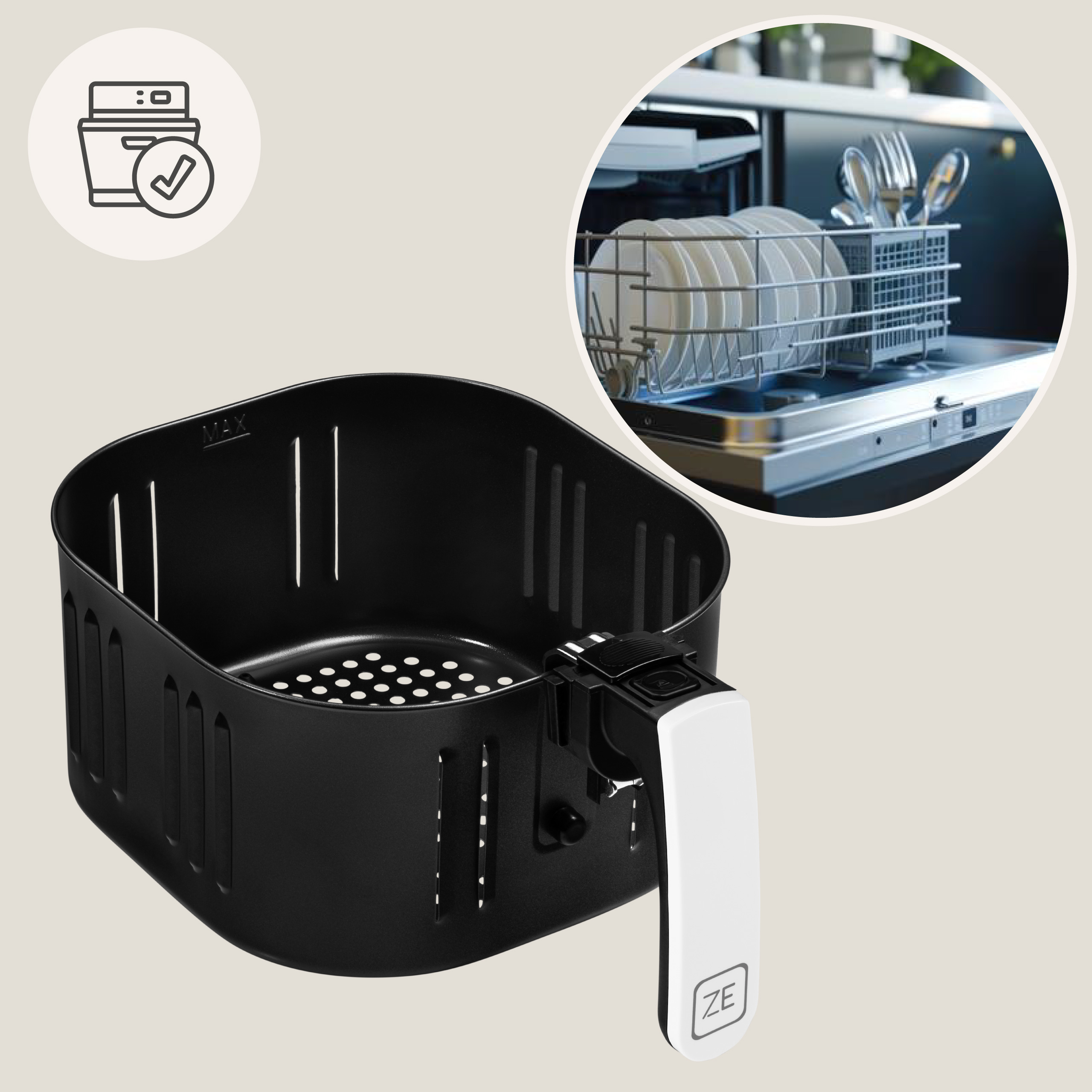 Black air fryer basket with white handle. Inset shows dishwasher with dishes.
