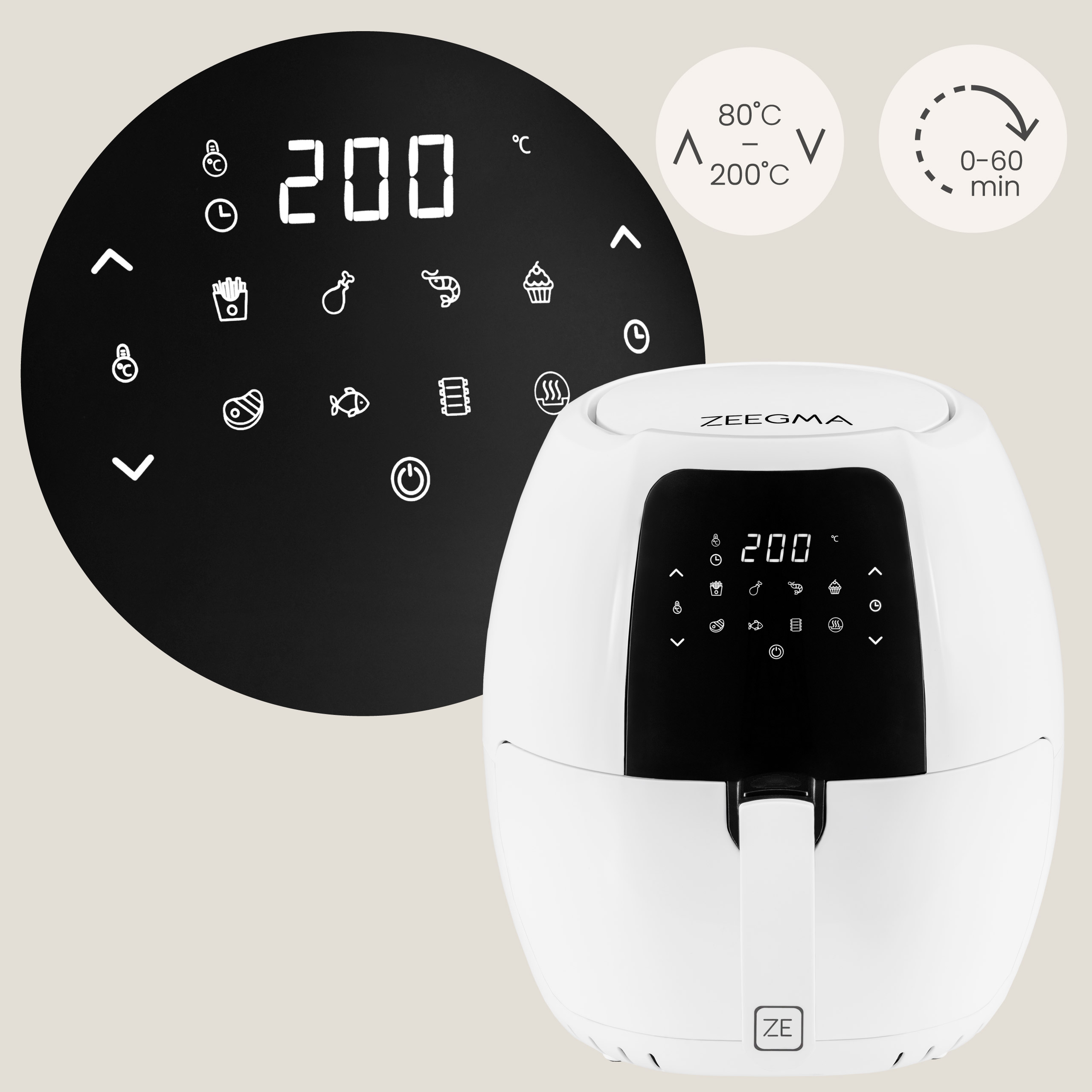 White air fryer and a display screen. The air fryer has a handle and the screen shows numbers.