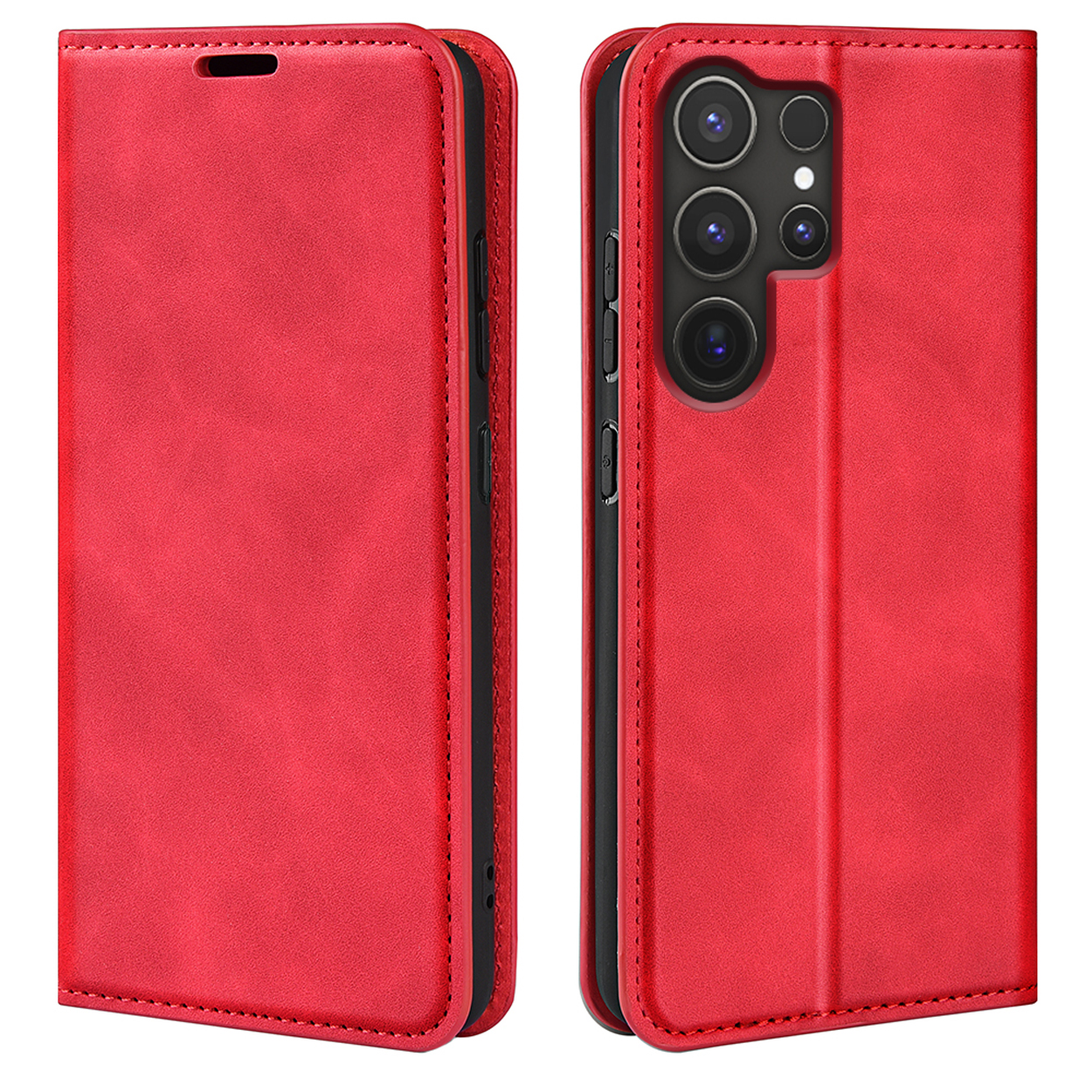 Coque de téléphone en cuir rouge, ouverte et fermée, montrant les détails du téléphone et de l'appareil photo.