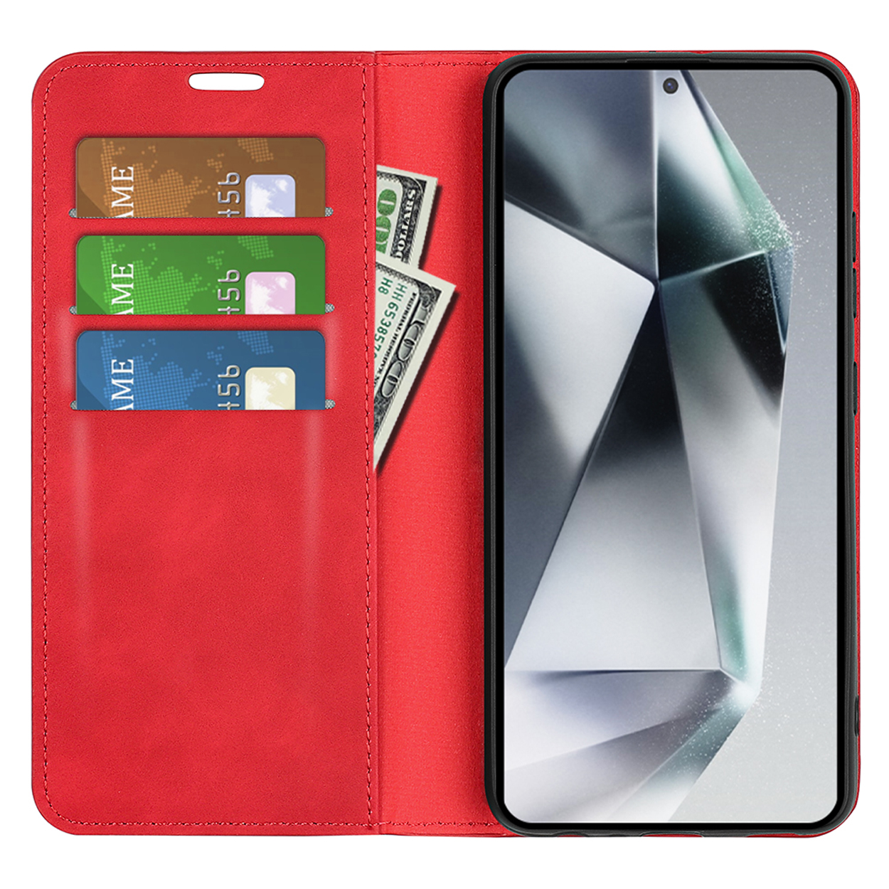 Coque de téléphone rouge ouverte, montrant un téléphone, des cartes et de l'argent.
