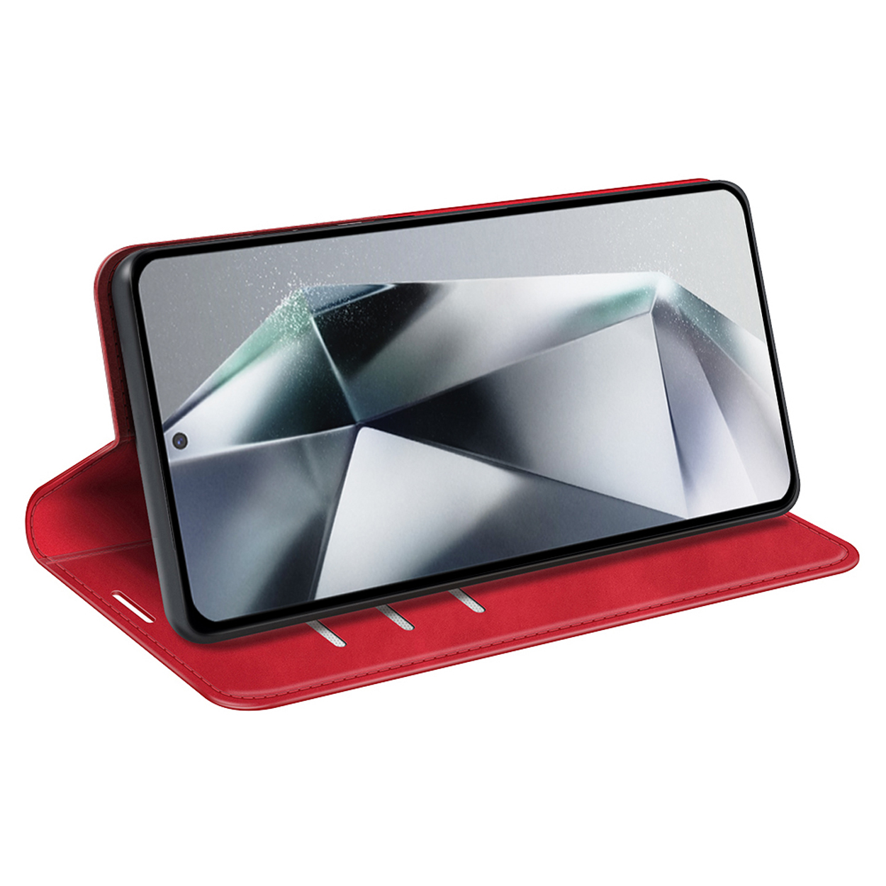 Une coque de téléphone rouge avec un téléphone à l'intérieur, sur fond blanc.